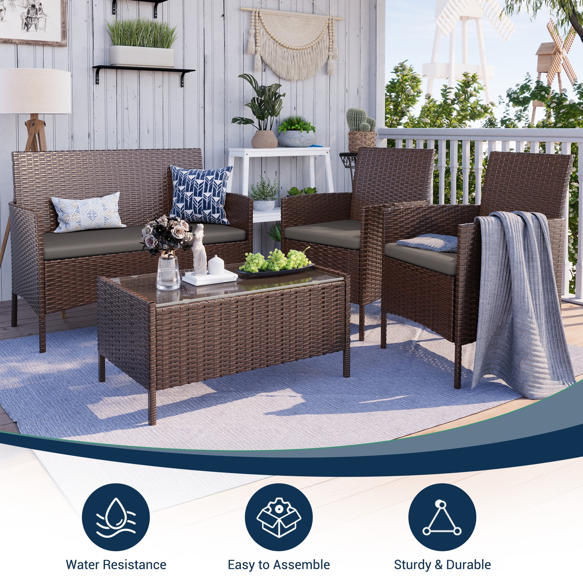 Elposun 4 Steel Hand-woven Outdoor Conversation Sets with Sofa and Table, Brown/Gray - Image 7