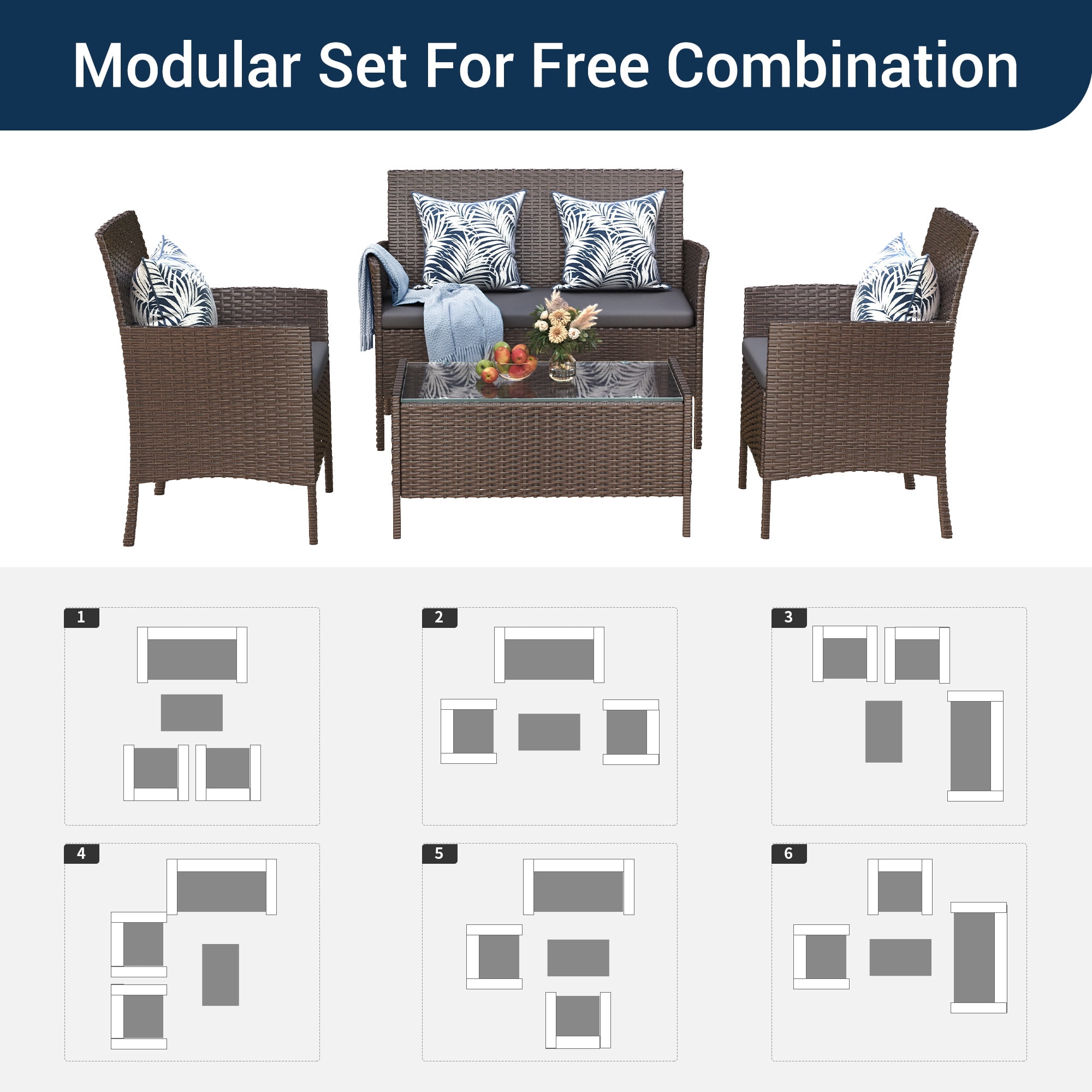 Elposun 4 Steel Hand-woven Outdoor Conversation Sets with Sofa and Table, Brown/Gray - Image 5