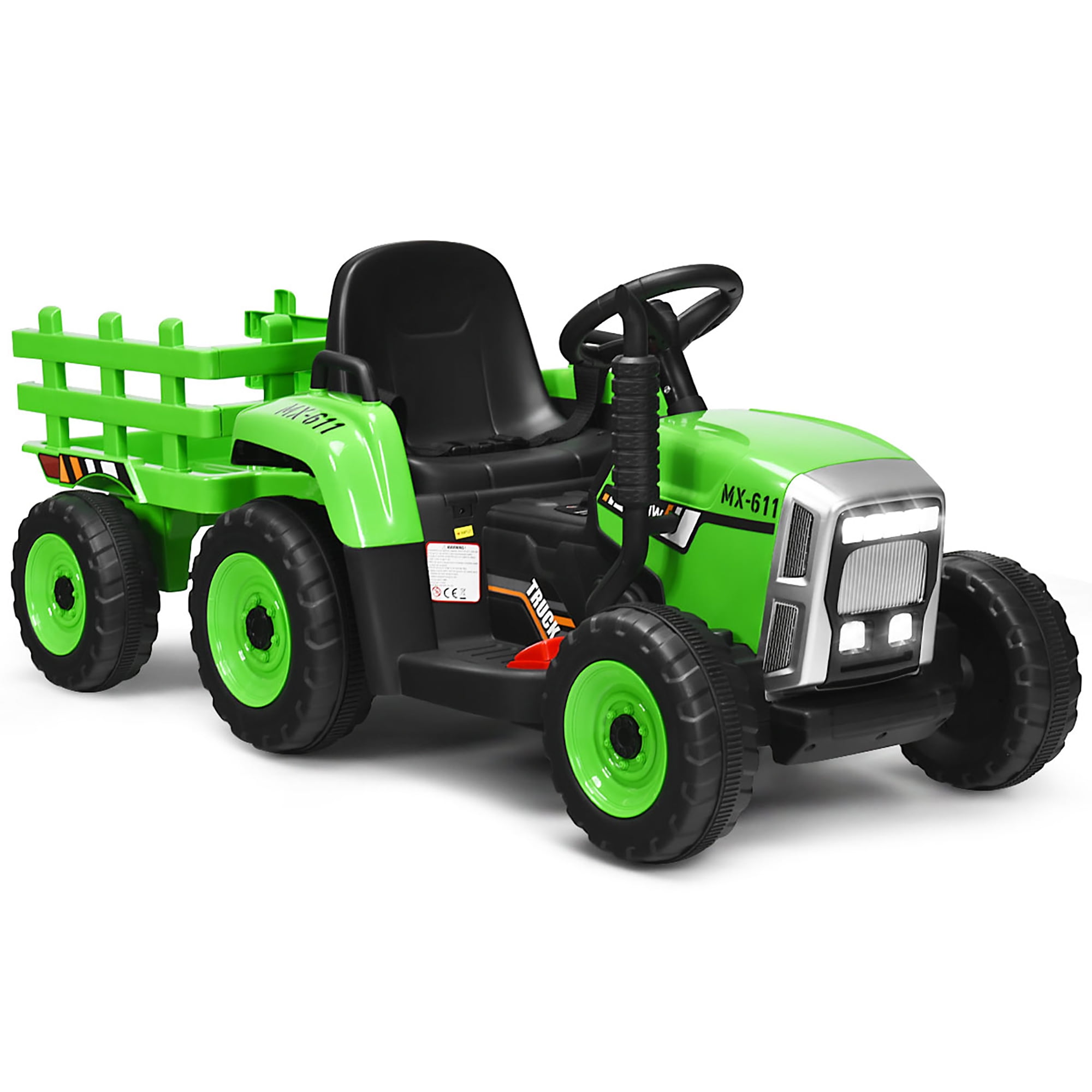 Costway 12V Kids Ride On Tractor with Trailer Ground Loader w/Remote Control &LED Lights Green - Image 2
