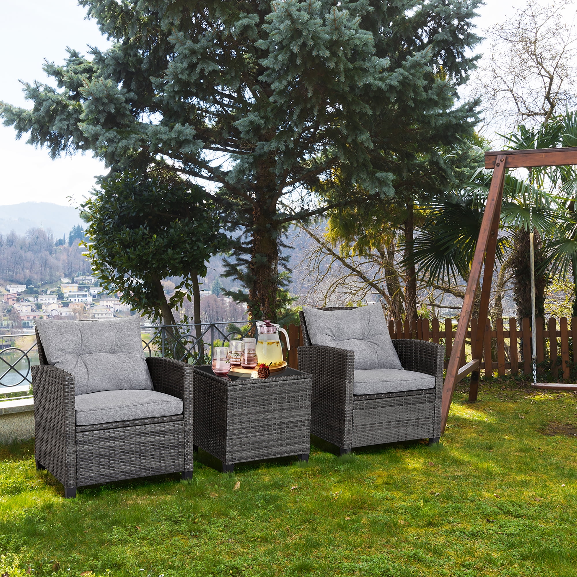 Gymax 3PCS Patio Rattan Sofa Set Outdoor Wicker Conversation Set Glass Tabletop w/ Grey Cushion - Image 6