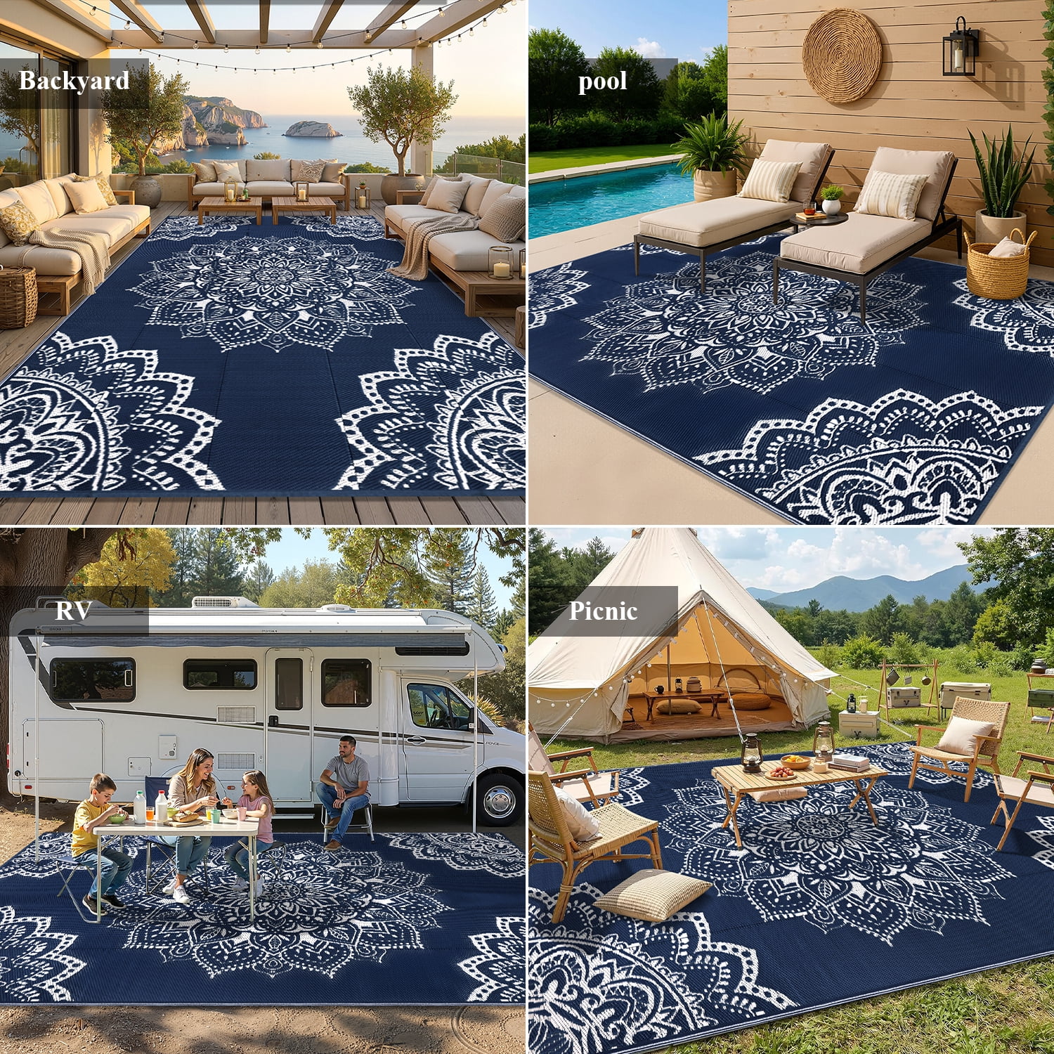 Findosom 6'x9' Outdoor Rug Large Patios Rug RV Outdoor Rug Waterproof Foldable Portable Camping Rugs Reversible Plastic Straw Rug Outdoor Area Rug for Camping, RV, Balcony, Patio, Picnic, Beach Blue - Image 6