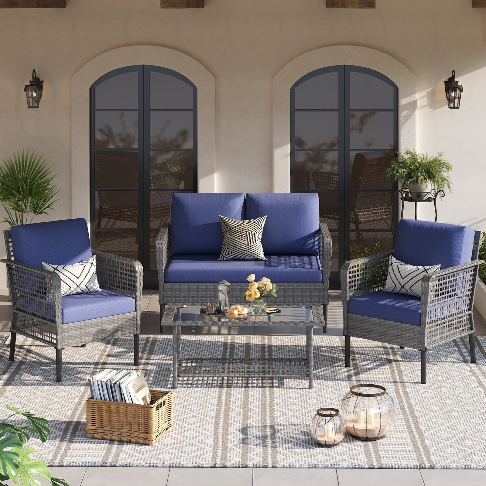 ELPOSUN 4 Pieces Patio Furniture Set, All-Weather Wicker Outdoor Furniture Set for Porch, Patio Conversation Set for Backyard, Balcony, Gray/Blue - Image 6