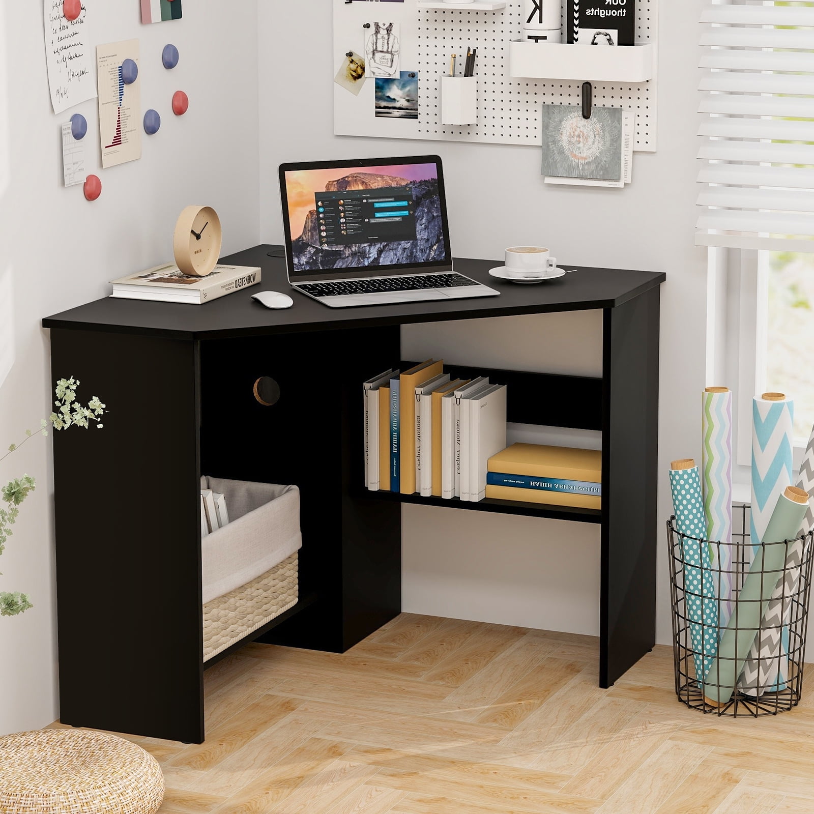 Costway Corner Computer Desk Triangle Writing Workstation w/ Storage Shelf Black - Image 5