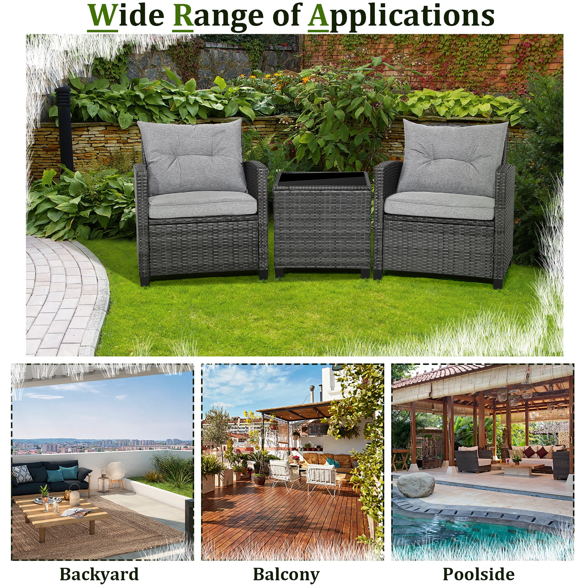 Gymax 3PCS Patio Rattan Sofa Set Outdoor Wicker Conversation Set Glass Tabletop w/ Grey Cushion - Image 4