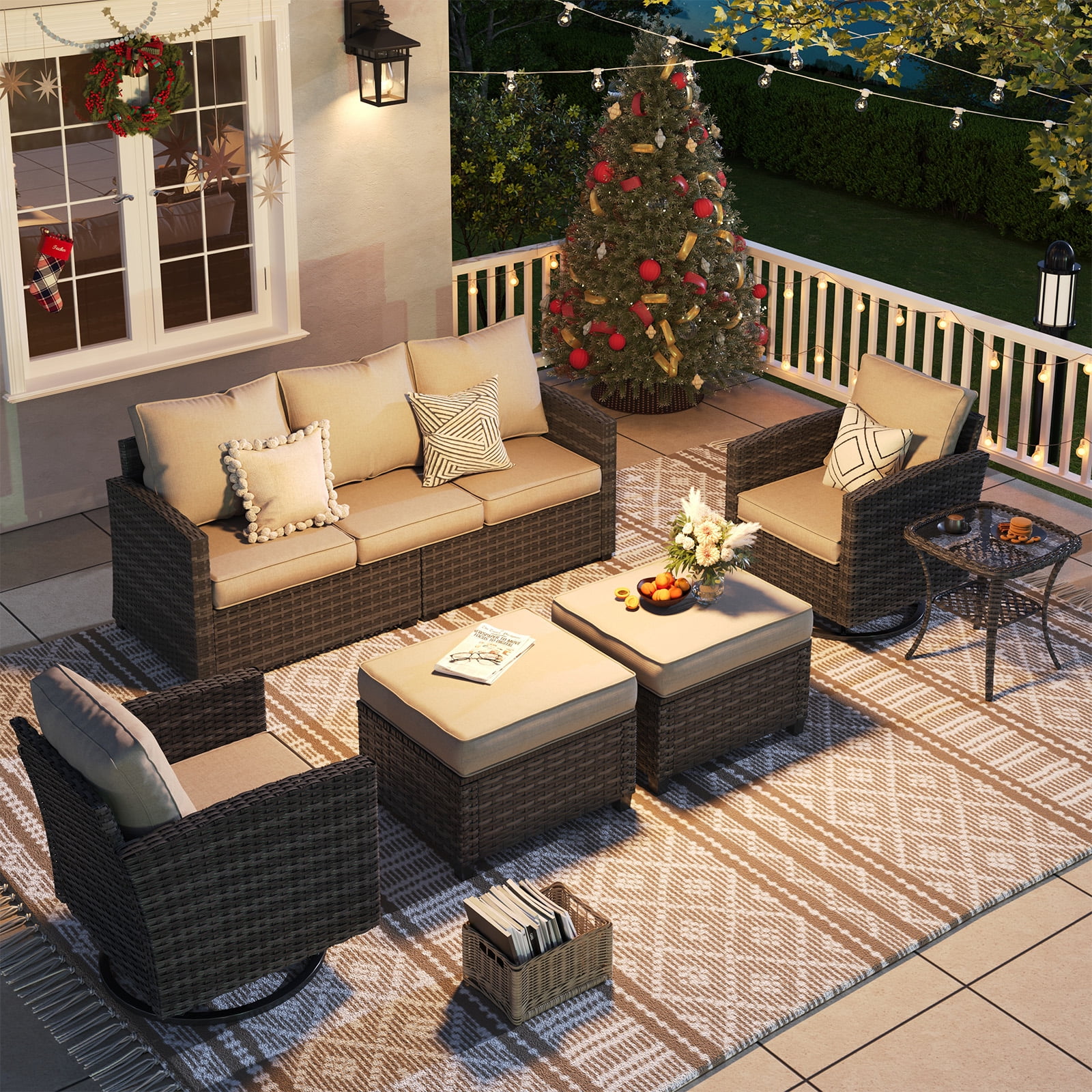 ELPOSUN Patio Furniture Set, 6 Pieces Outdoor Patio Set, All-Weather Wicker Rattan Outdoor Furniture Set with Swivel Chairs for Poolside, Backyard, Gray Wicker Khaki Cushions - Image 8