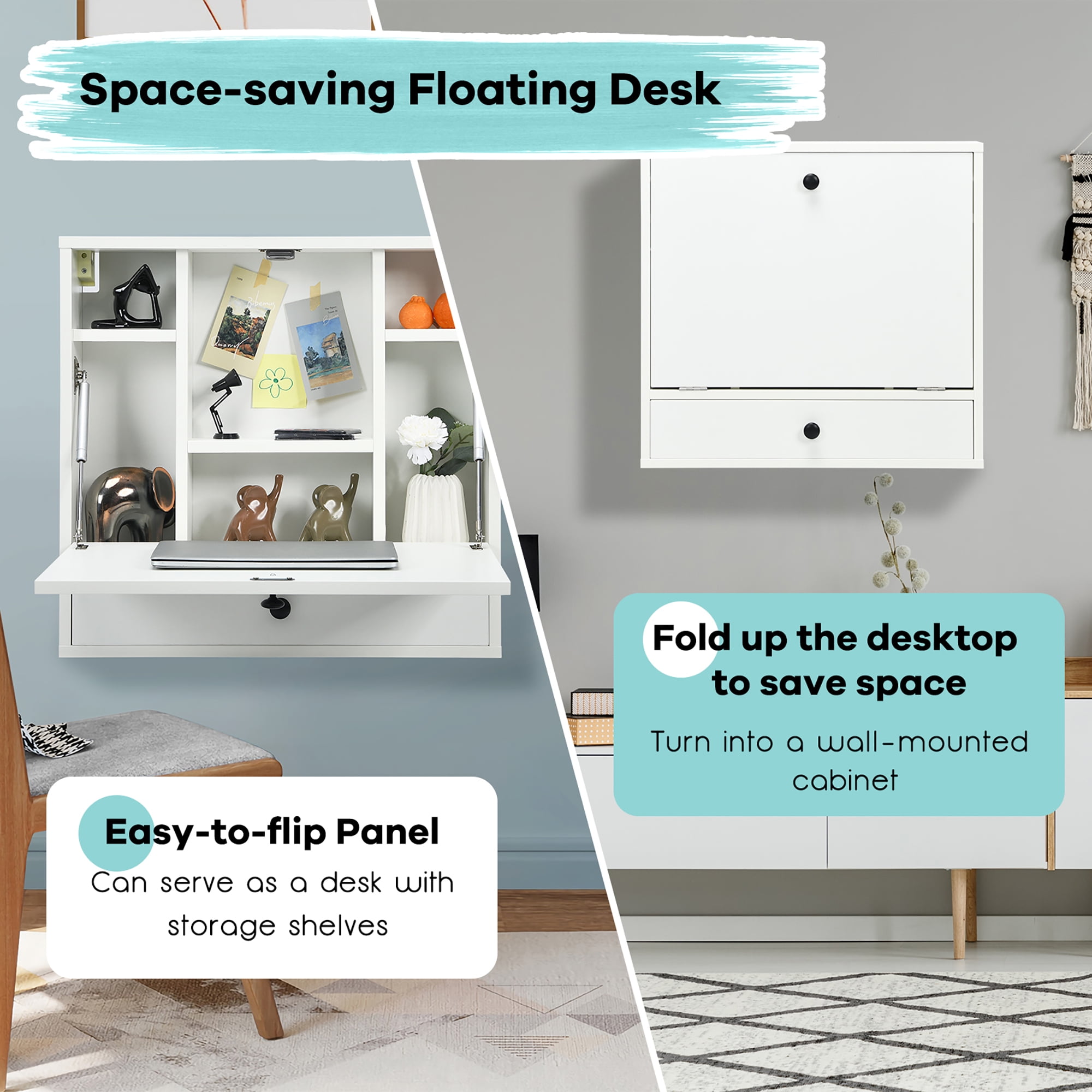 Costway Wall-Mount Floating Desk Foldable Space Saving Laptop Workstation White - Image 11