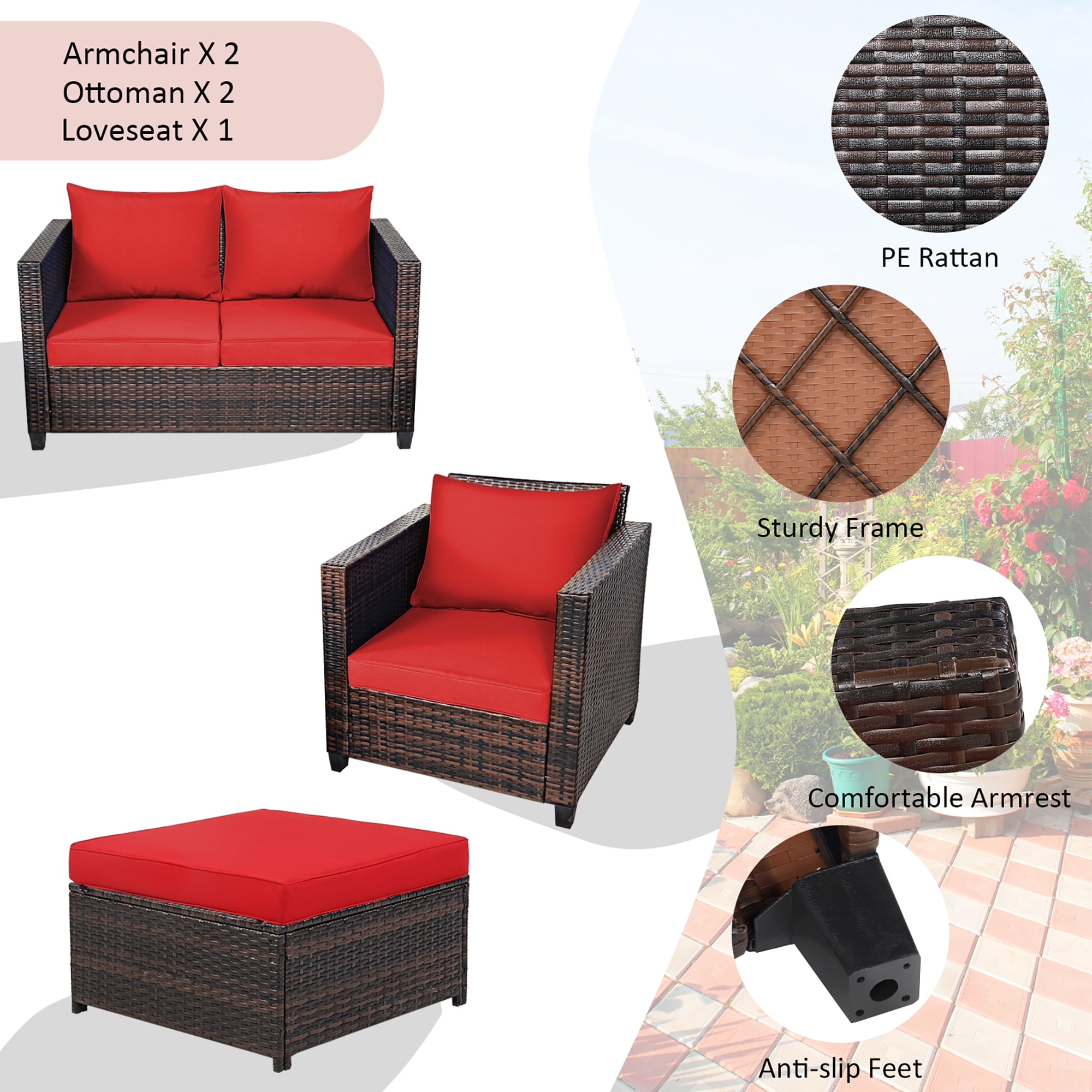 Costway 5PCS Patio Rattan Furniture Set Loveseat Sofa Ottoman Cushioned Red - Image 8
