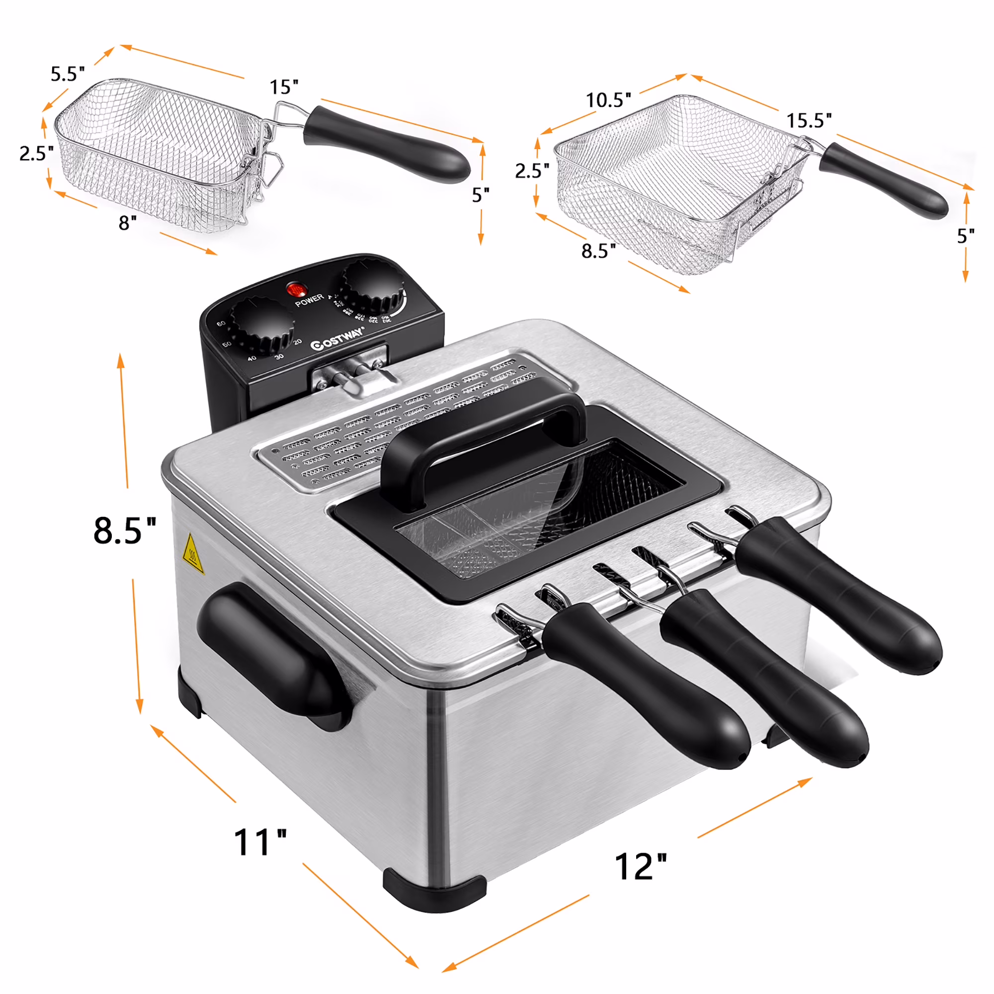 Costway Electric Deep Fryer 5.3 QT/21-Cup Stainless Steel 1700W with Triple Basket Silver - Image 10