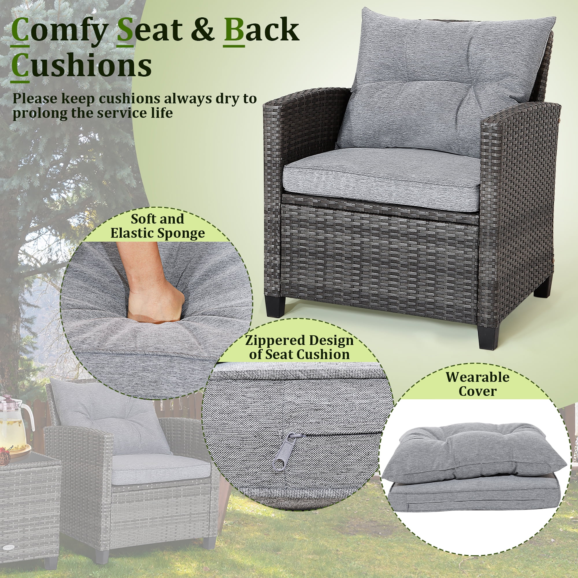 Gymax 3PCS Patio Rattan Sofa Set Outdoor Wicker Conversation Set Glass Tabletop w/ Grey Cushion - Image 8