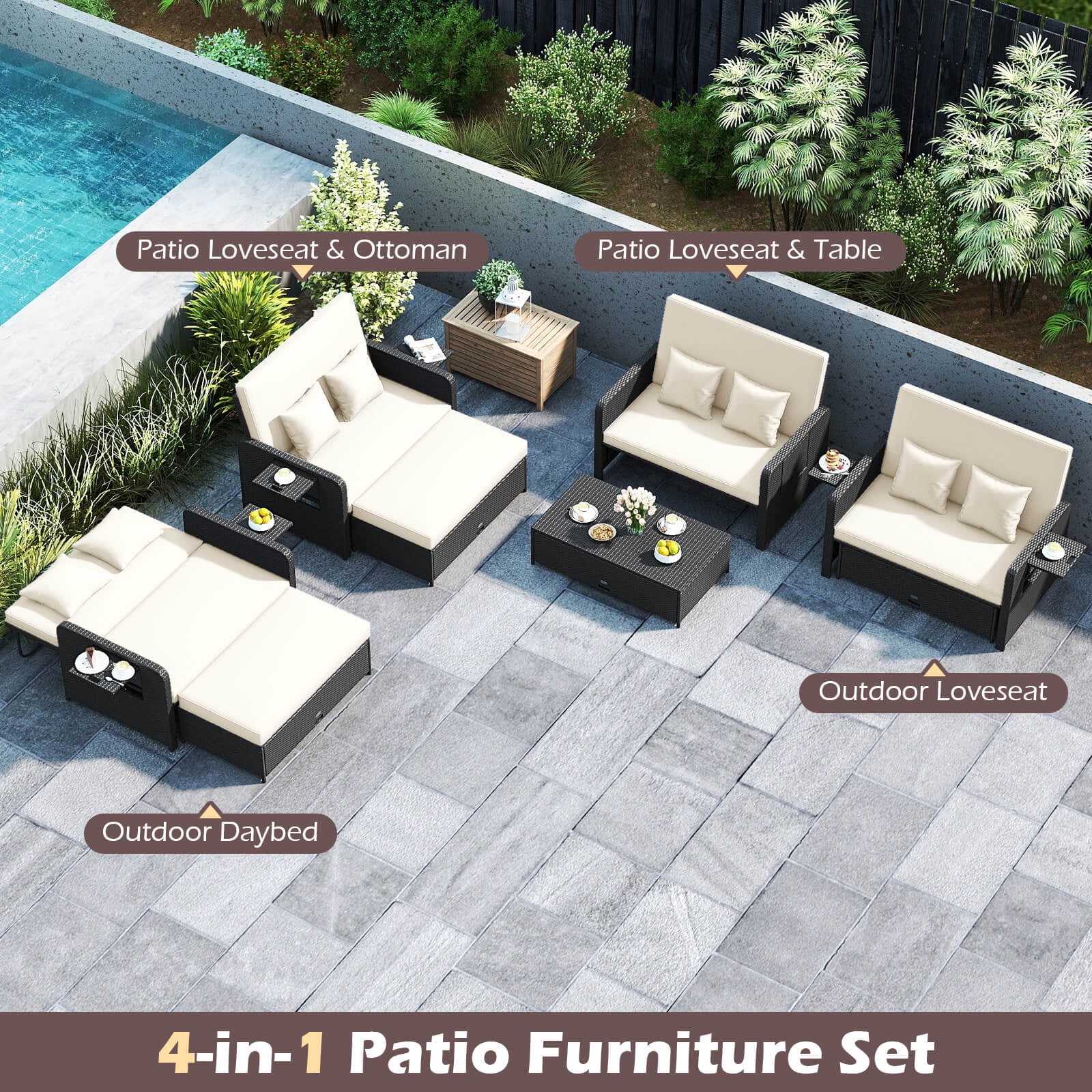 Costway 2 PCS PE Wicker Outdoor Daybed with 4-Level Adjustable Backrest, Storage Ottoman White + Black - Image 6