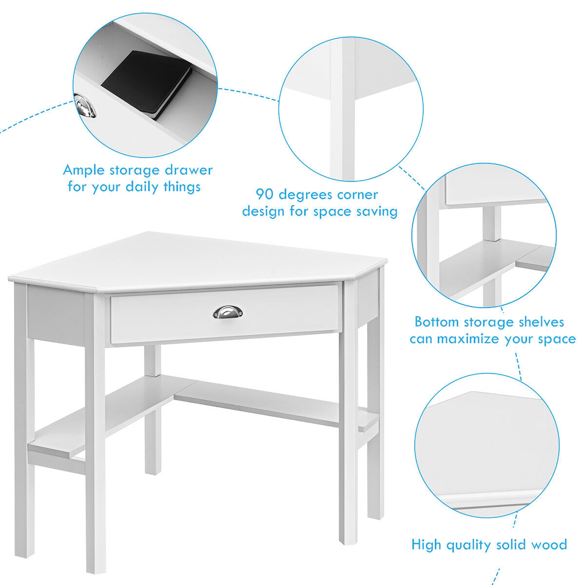 Costway Triangle Computer Desk Corner Office Desk Laptop Table w/ Drawer Shelves Rustic White - Image 5