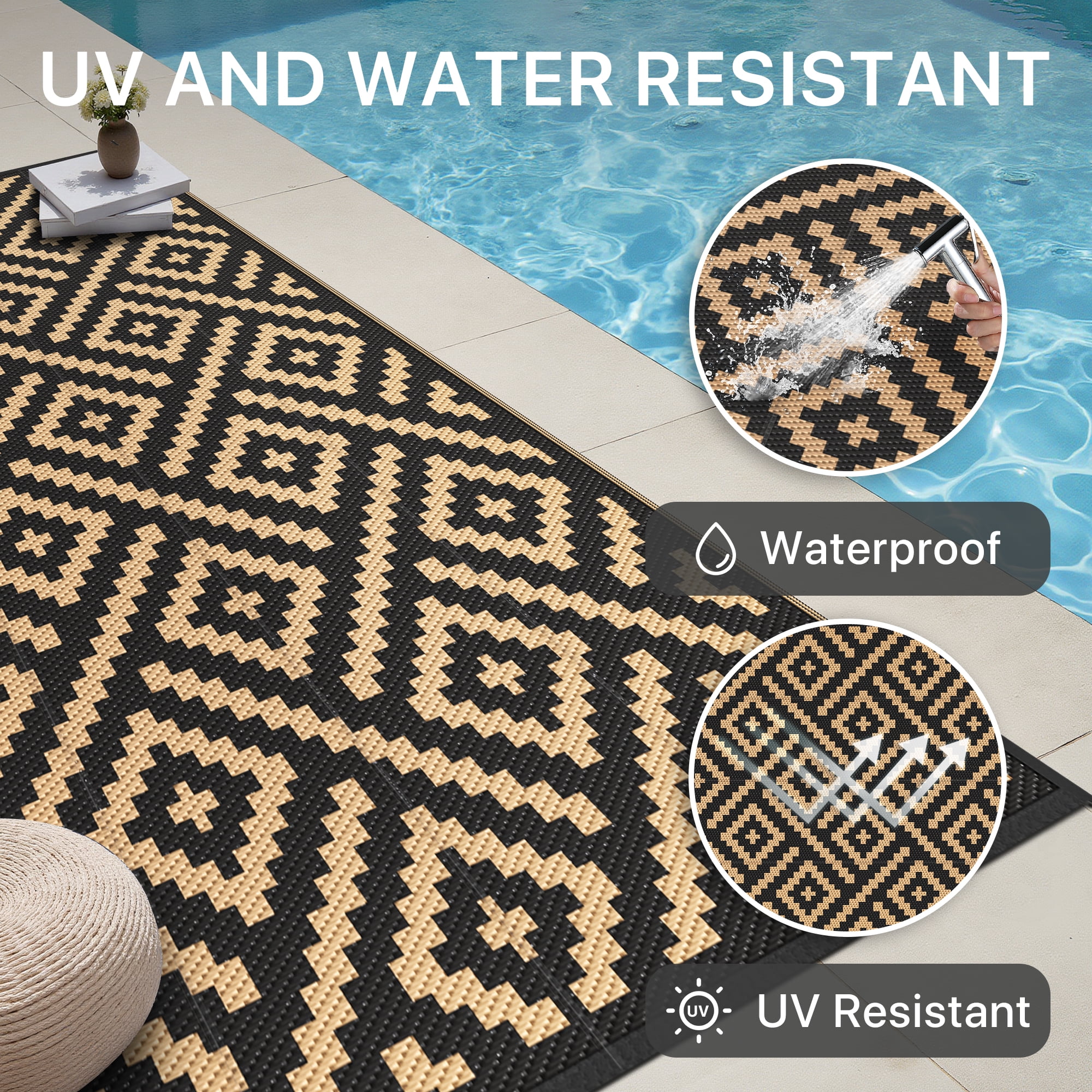 DEORAB Outdoor Rugs Waterproof Plastic Straw Mat 6'x9' Reversible for RV Patio Deck Beach Black & Brown - Image 7