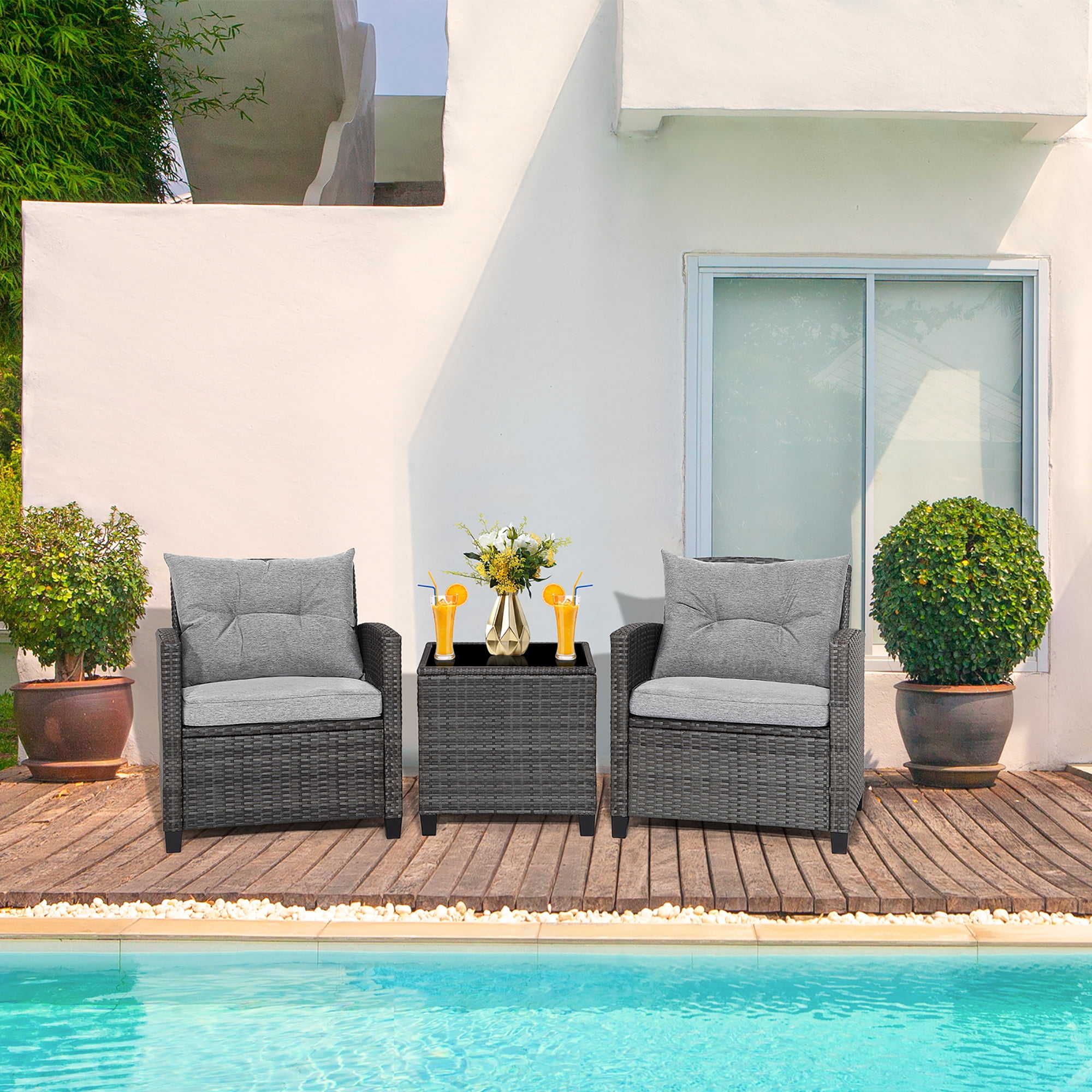 Gymax 3PCS Patio Rattan Sofa Set Outdoor Wicker Conversation Set Glass Tabletop w/ Grey Cushion - Image 5
