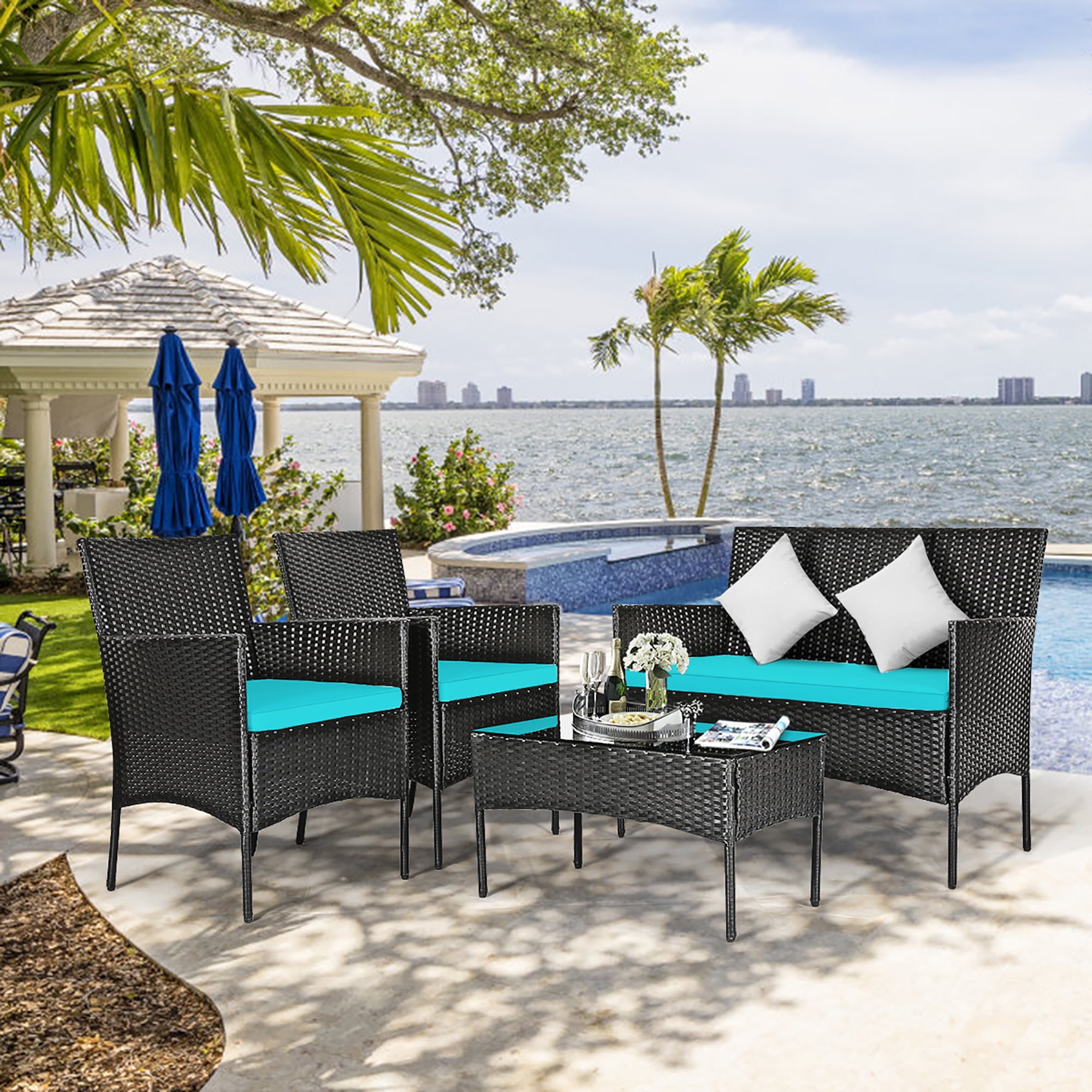 Costway 4PCS Patio Rattan Furniture Set Cushioned Sofa Coffee Table Backyard Turquoise - Image 5