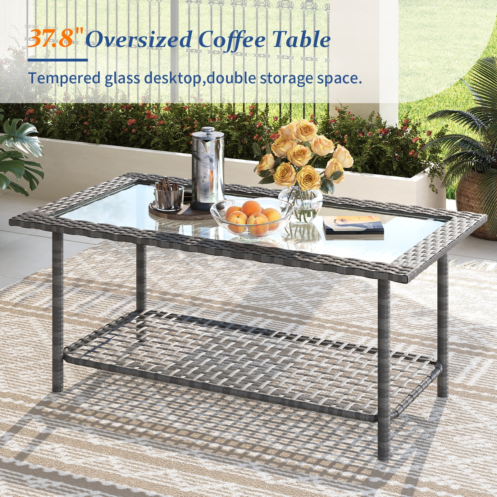 ELPOSUN 4 Pieces Patio Furniture Set, All-Weather Wicker Outdoor Furniture Set for Porch, Patio Conversation Set for Backyard, Balcony, Gray/Blue - Image 5