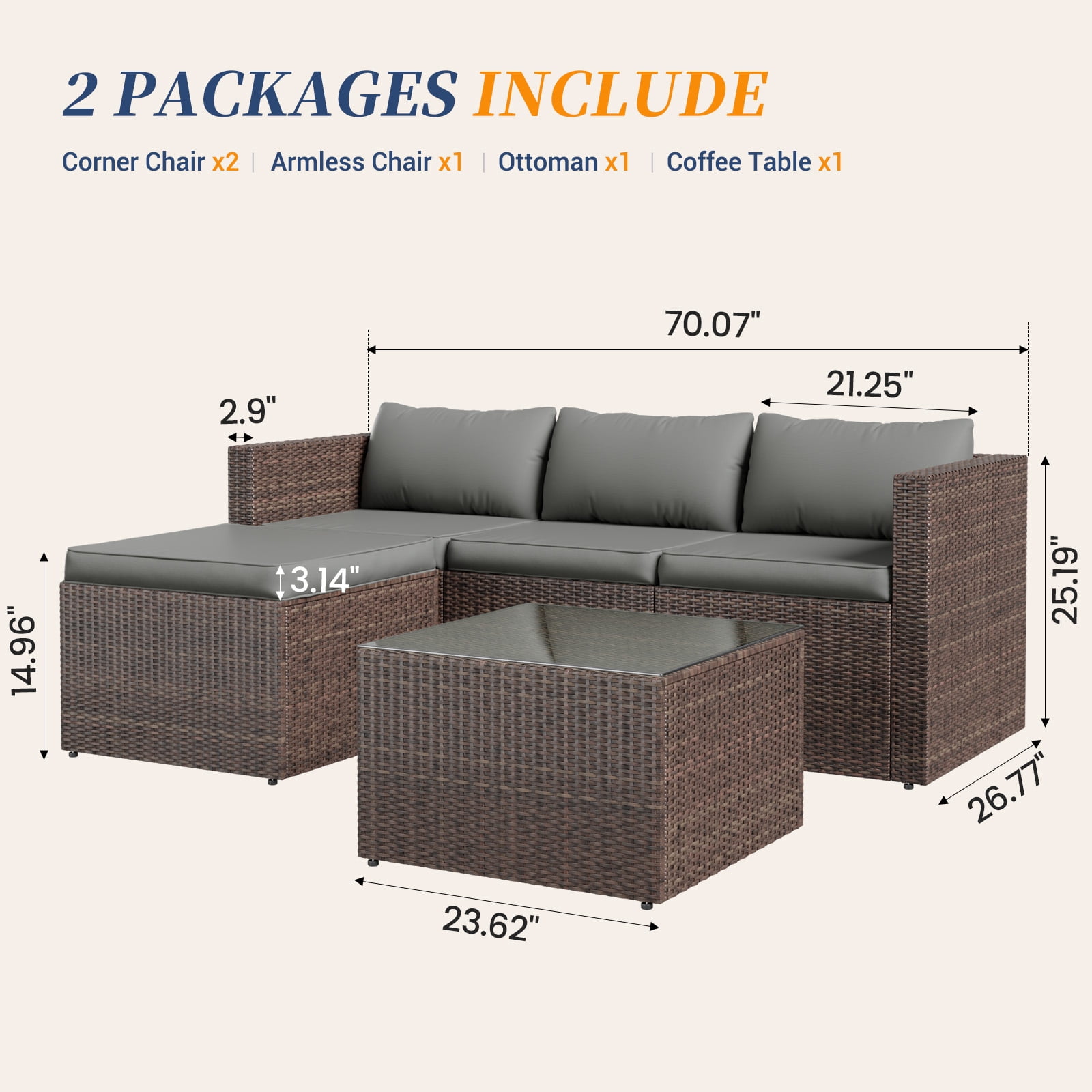 ELPOSUN 5-Piece Patio Furniture Set,Patio Conversation Set All-Weather Wicker Outdoor Sectional Sofa Set with Table & Cushions, Grey - Image 6