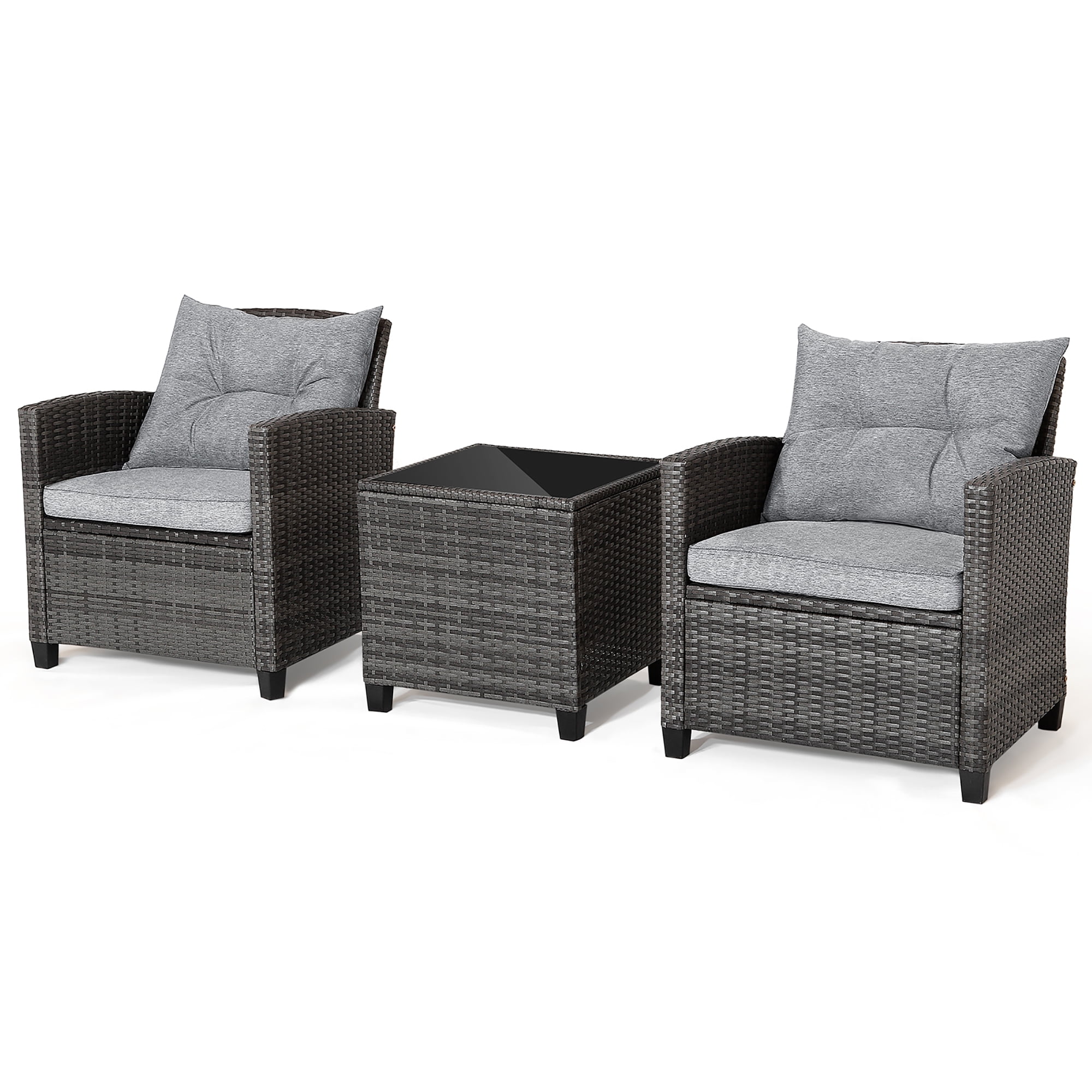 Gymax 3PCS Patio Rattan Sofa Set Outdoor Wicker Conversation Set Glass Tabletop w/ Grey Cushion - Image 2