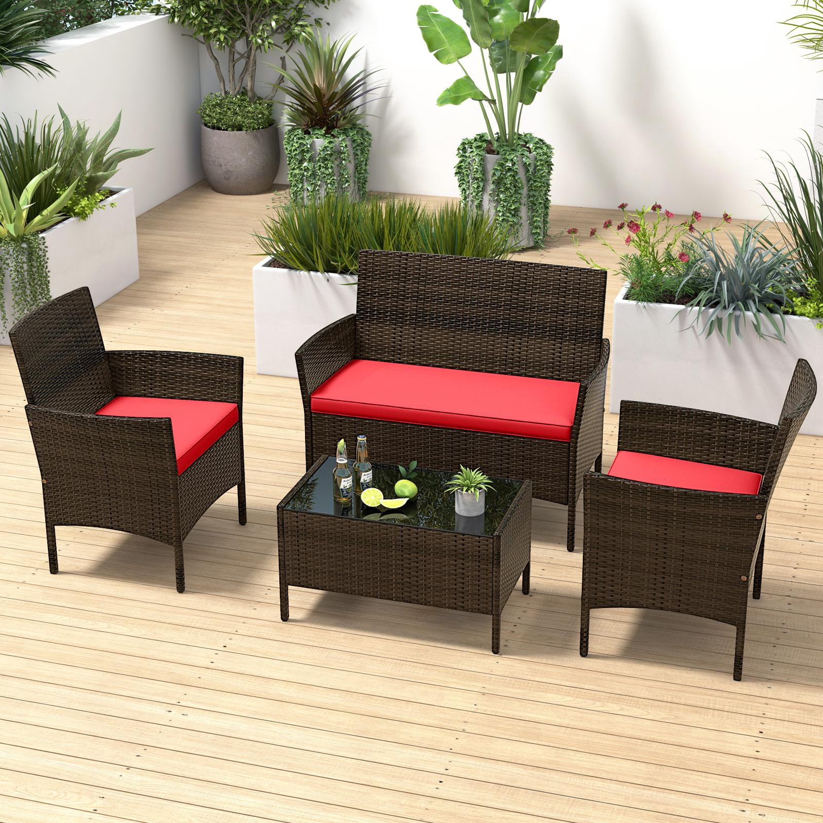 Costway 4PCS Rattan Patio Furniture Set Cushioned Sofa Chair Coffee Table Red - Image 5