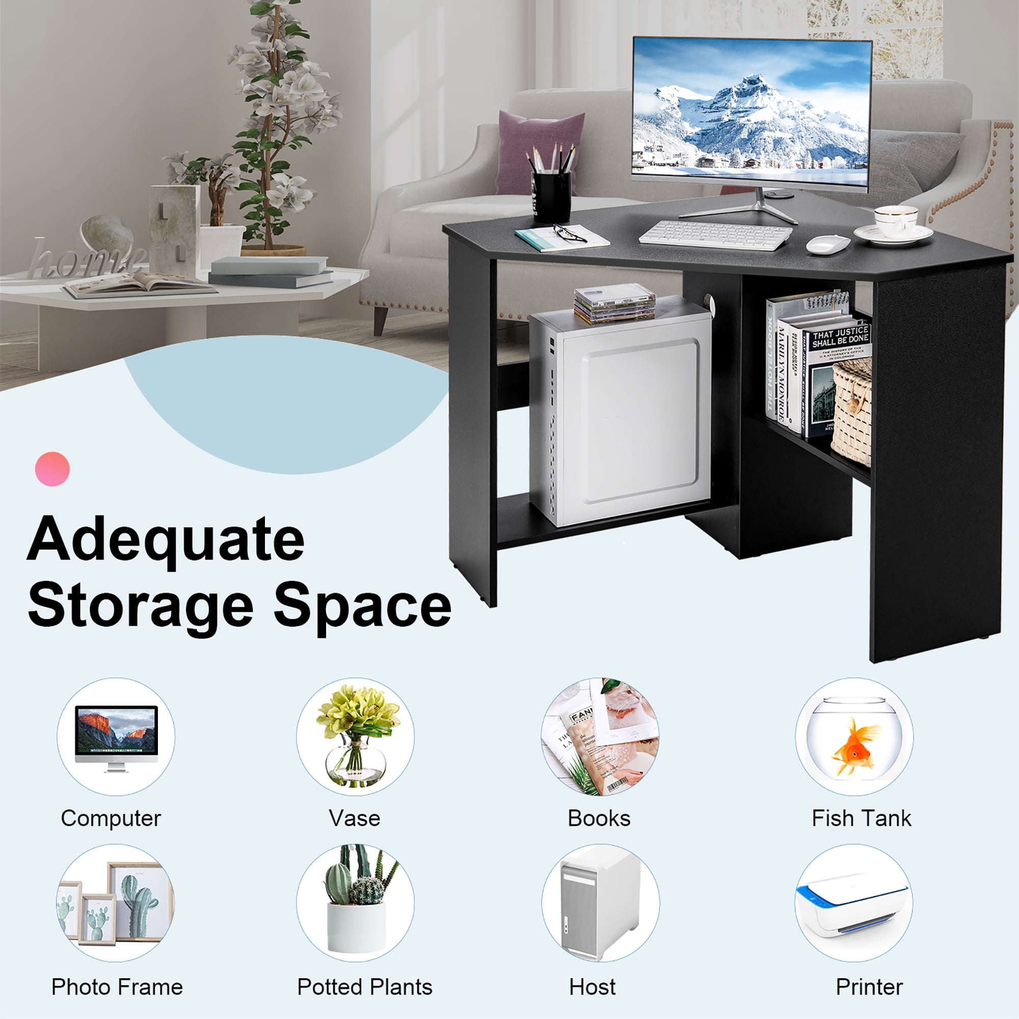Costway Corner Computer Desk Triangle Writing Workstation w/ Storage Shelf Black - Image 3