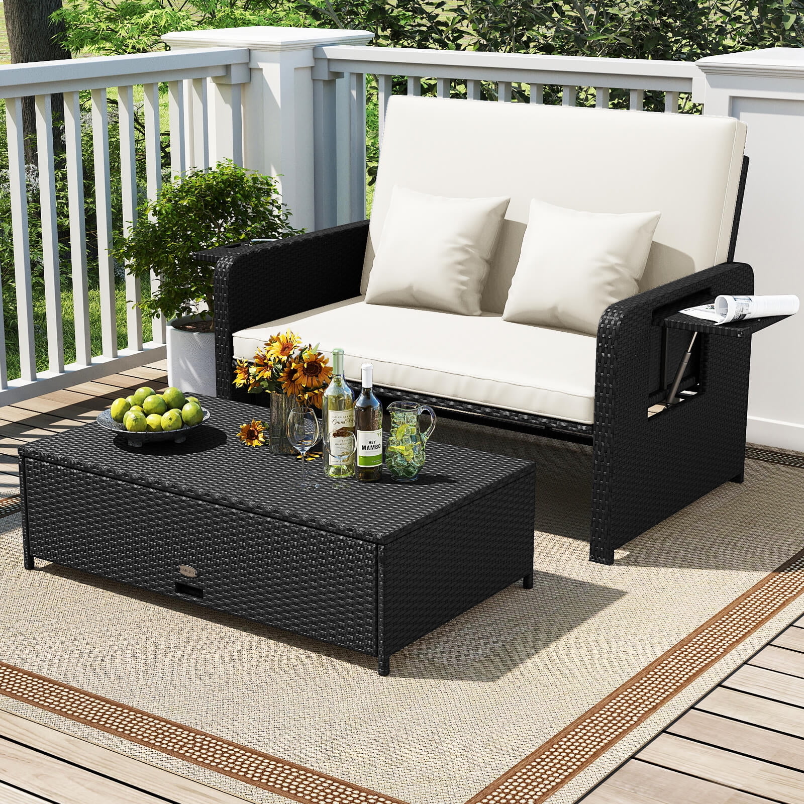 Costway 2 PCS PE Wicker Outdoor Daybed with 4-Level Adjustable Backrest, Storage Ottoman White + Black - Image 2