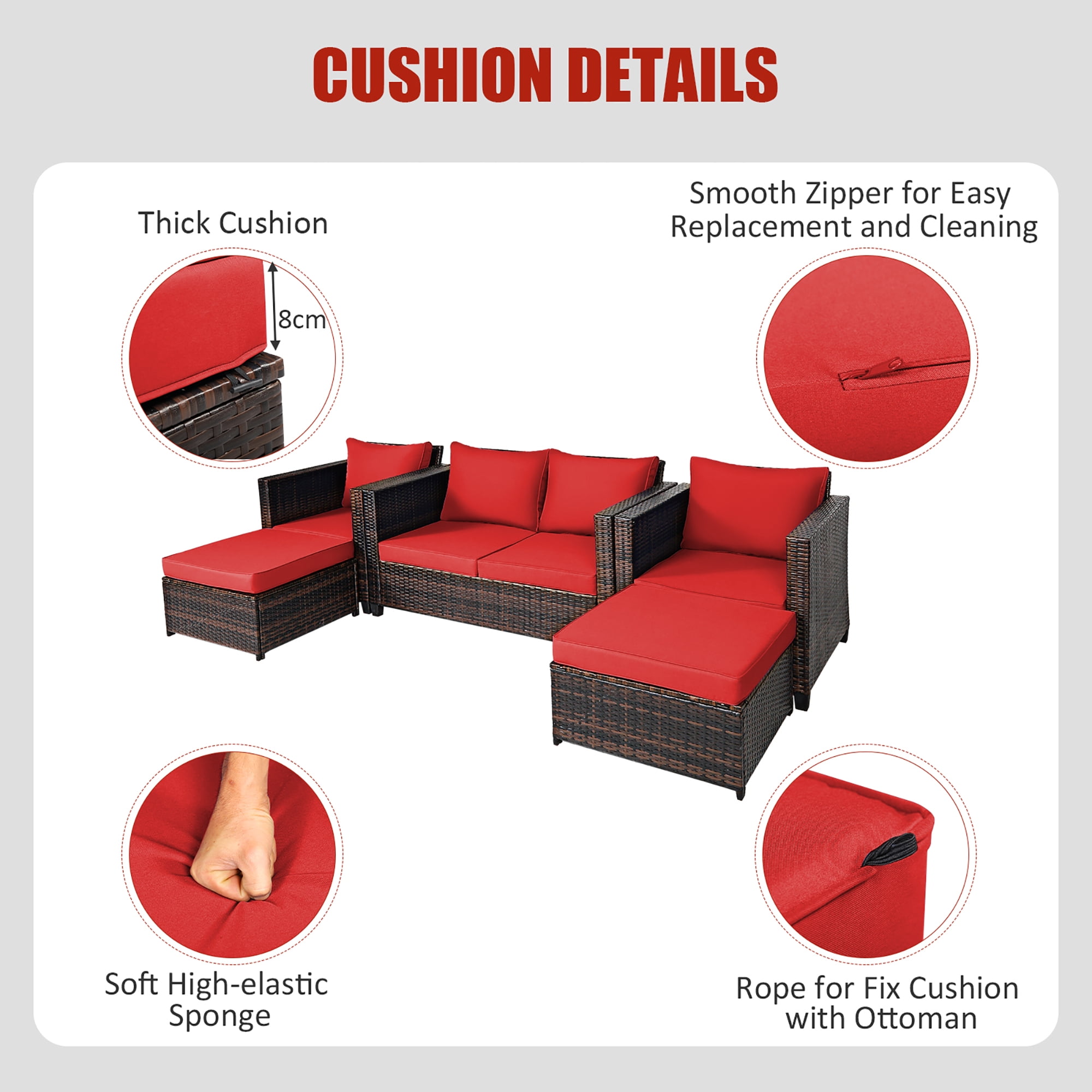 Costway 5PCS Patio Rattan Furniture Set Loveseat Sofa Ottoman Cushioned Red - Image 7
