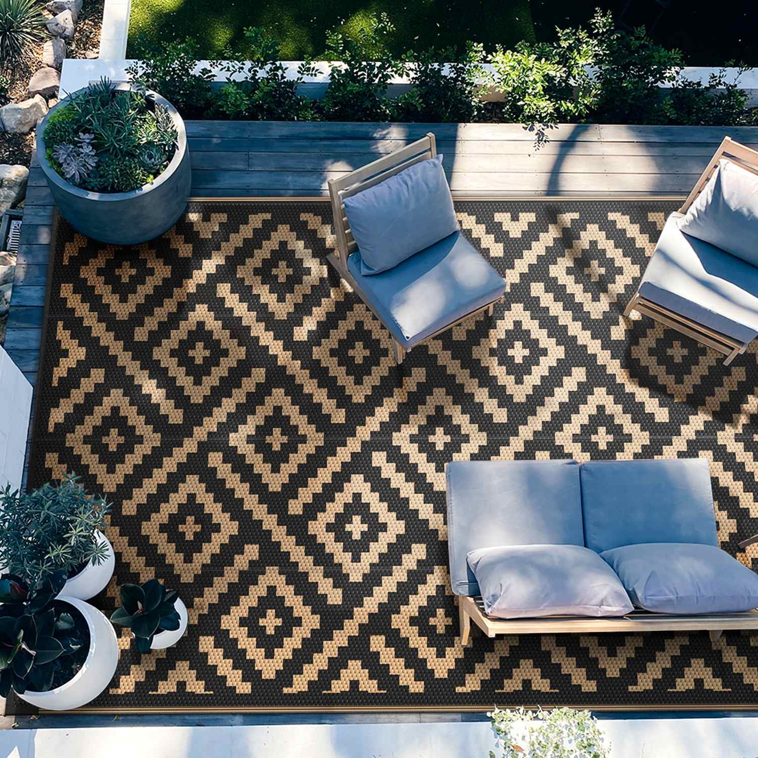 DEORAB Outdoor Rugs Waterproof Plastic Straw Mat 6'x9' Reversible for RV Patio Deck Beach Black & Brown - Image 9