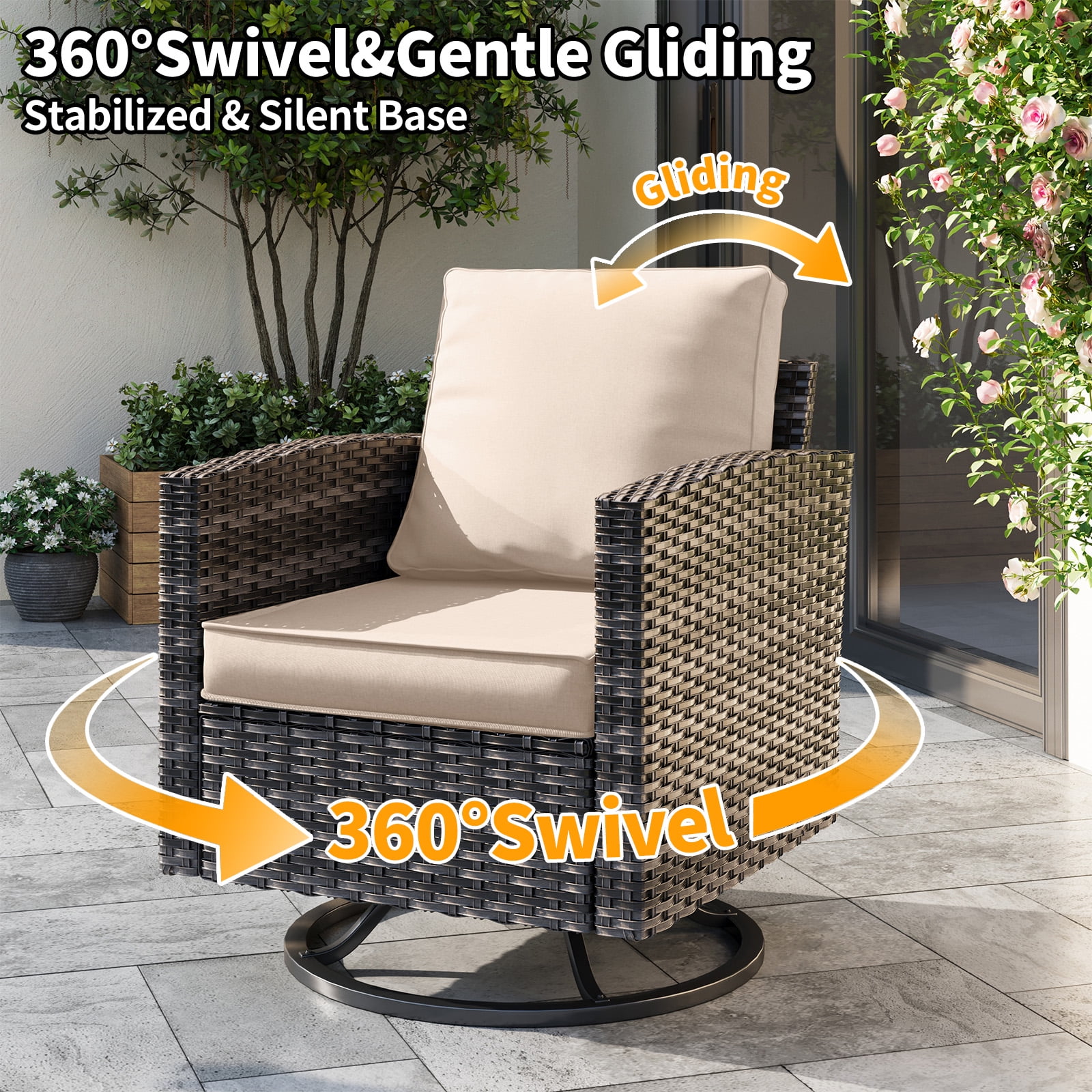 ELPOSUN Patio Furniture Set, 6 Pieces Outdoor Patio Set, All-Weather Wicker Rattan Outdoor Furniture Set with Swivel Chairs for Poolside, Backyard, Gray Wicker Khaki Cushions - Image 3