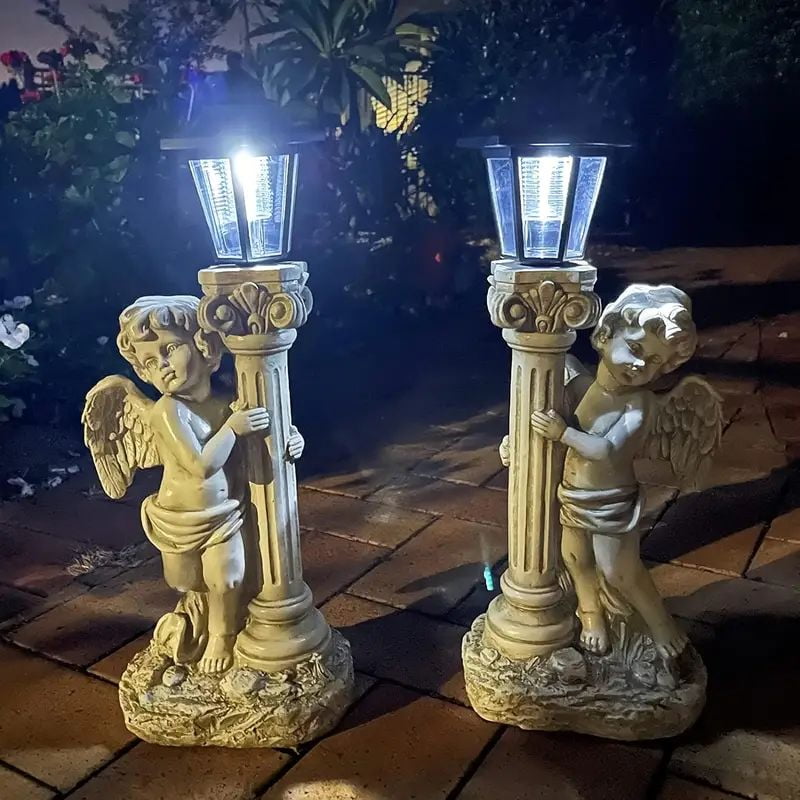 19.7 Inch Sunlight Angel Sculpture, Roman Pillar Angel Garden Statue, Outdoor Solar Path Light Garden Landscape Decoration (Right, Left) - Image 2