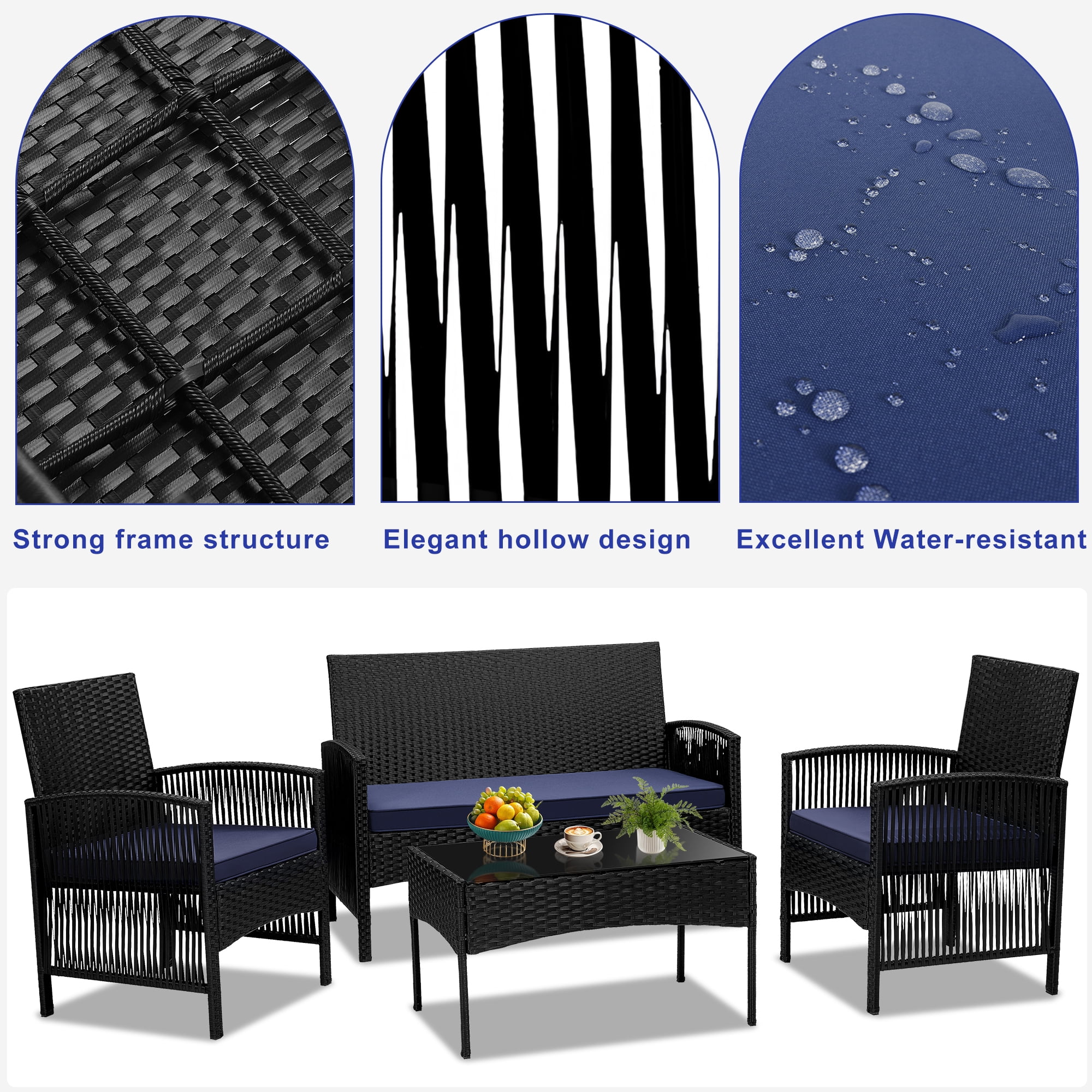 Patio Furniture Set on Sale, 4 Pieces Outdoor Rattan Conversation Sofa Set, All-Weather Wicker Patio Sets, Cushioned Sofa and Coffee Table for Garden Deck Courtyard, Nevy - Image 10