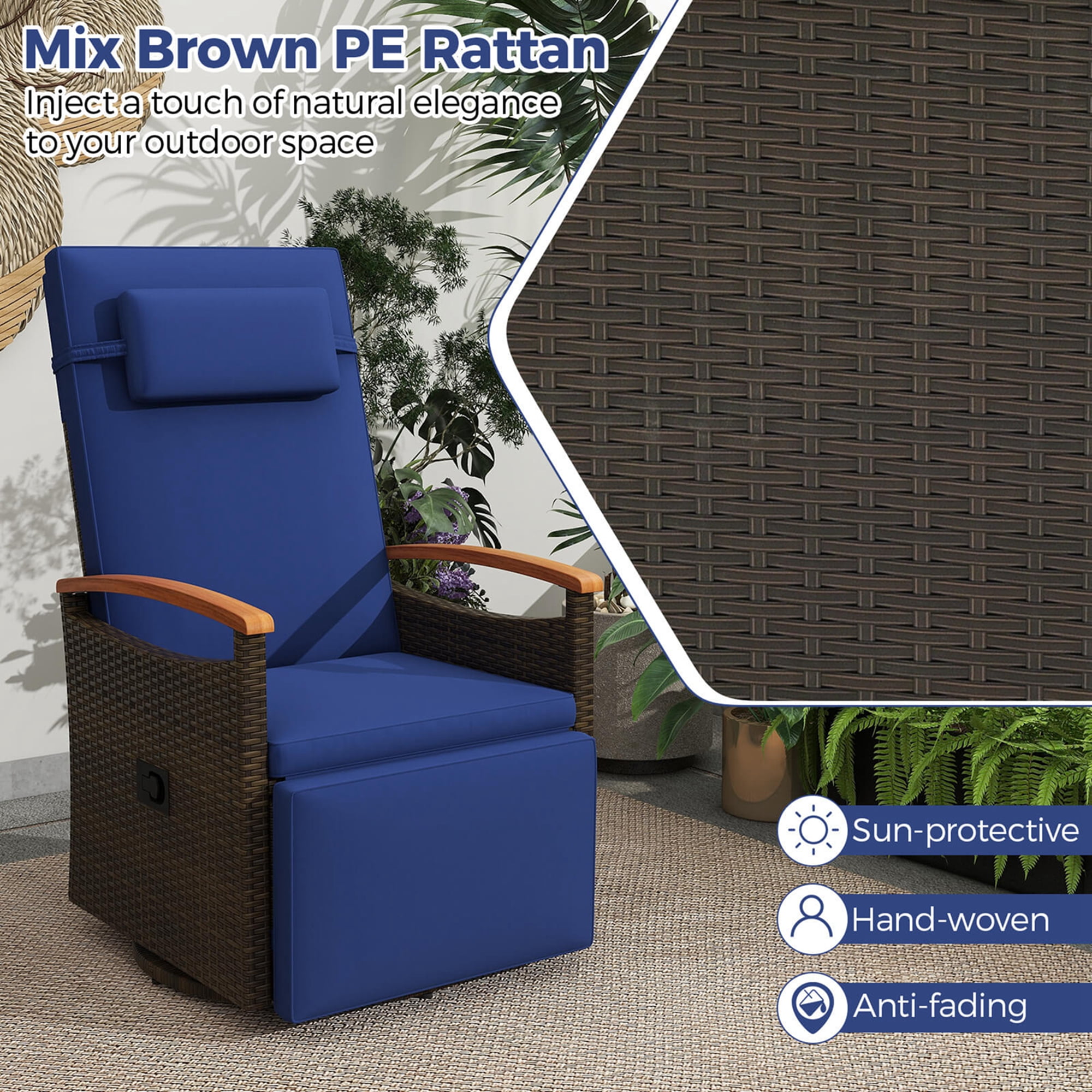 Costway Outdoor 360° Swivel Rattan Recliner Chair Patio Wicker Chaise Lounge Chair Navy - Image 8
