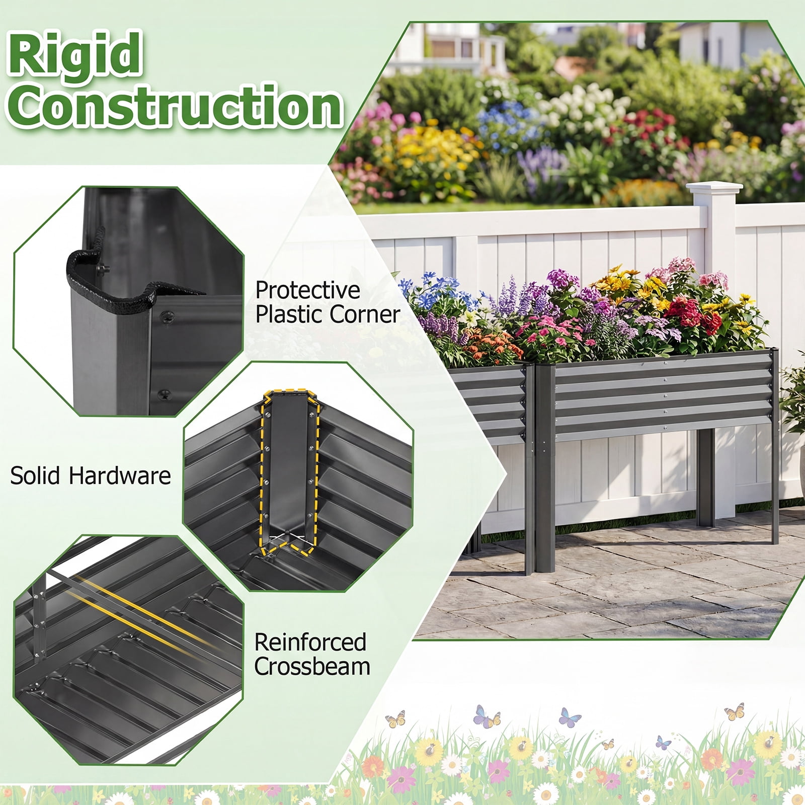 Costway 1 PCS Galvanized Raised Garden Bed with Legs, Metal Elevated Planter Box for Vegetables Gray - Image 9