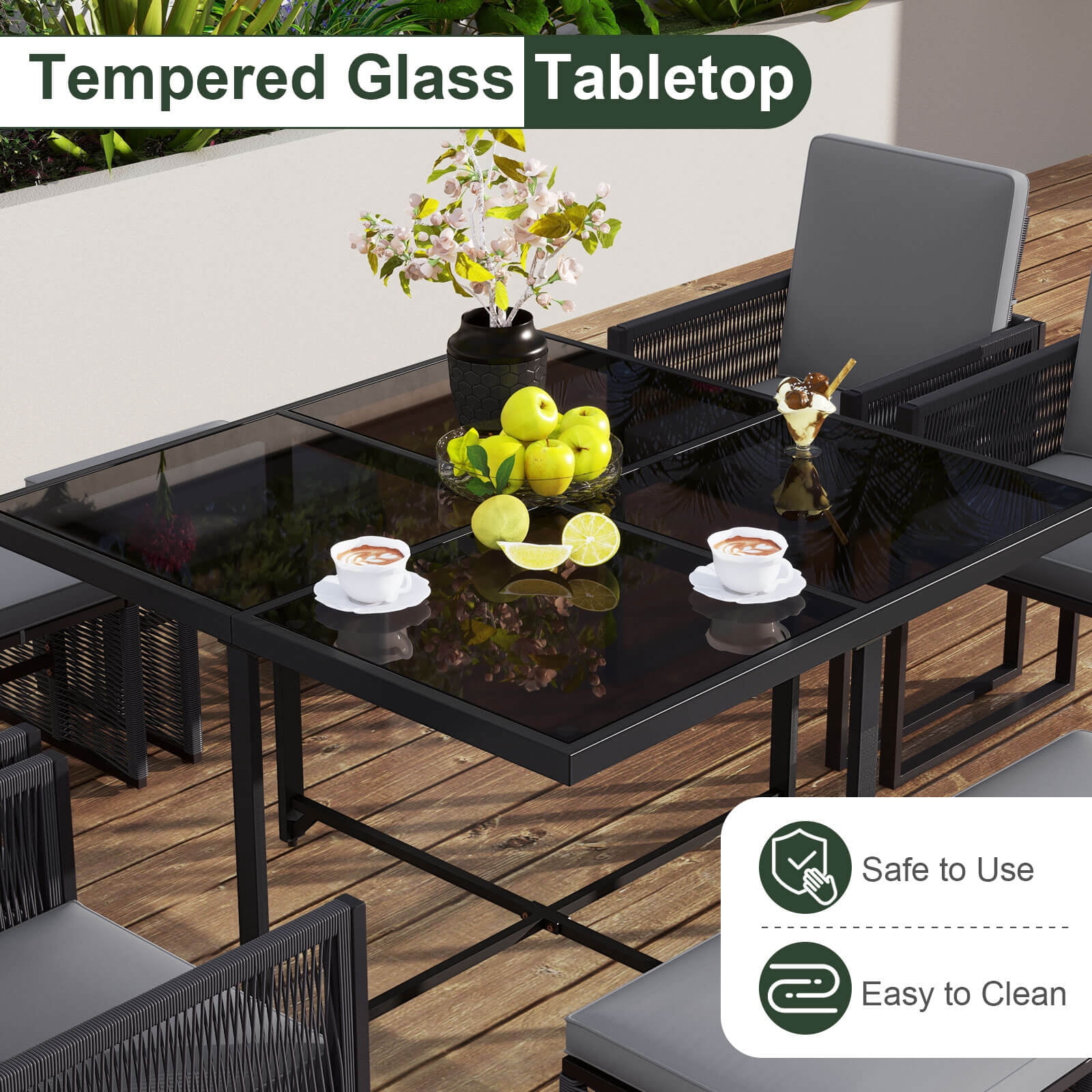 Costway 9 PCS Patio Dining Set with PE Rattan Chairs Tempered Glass Table and Ottomans - Image 6