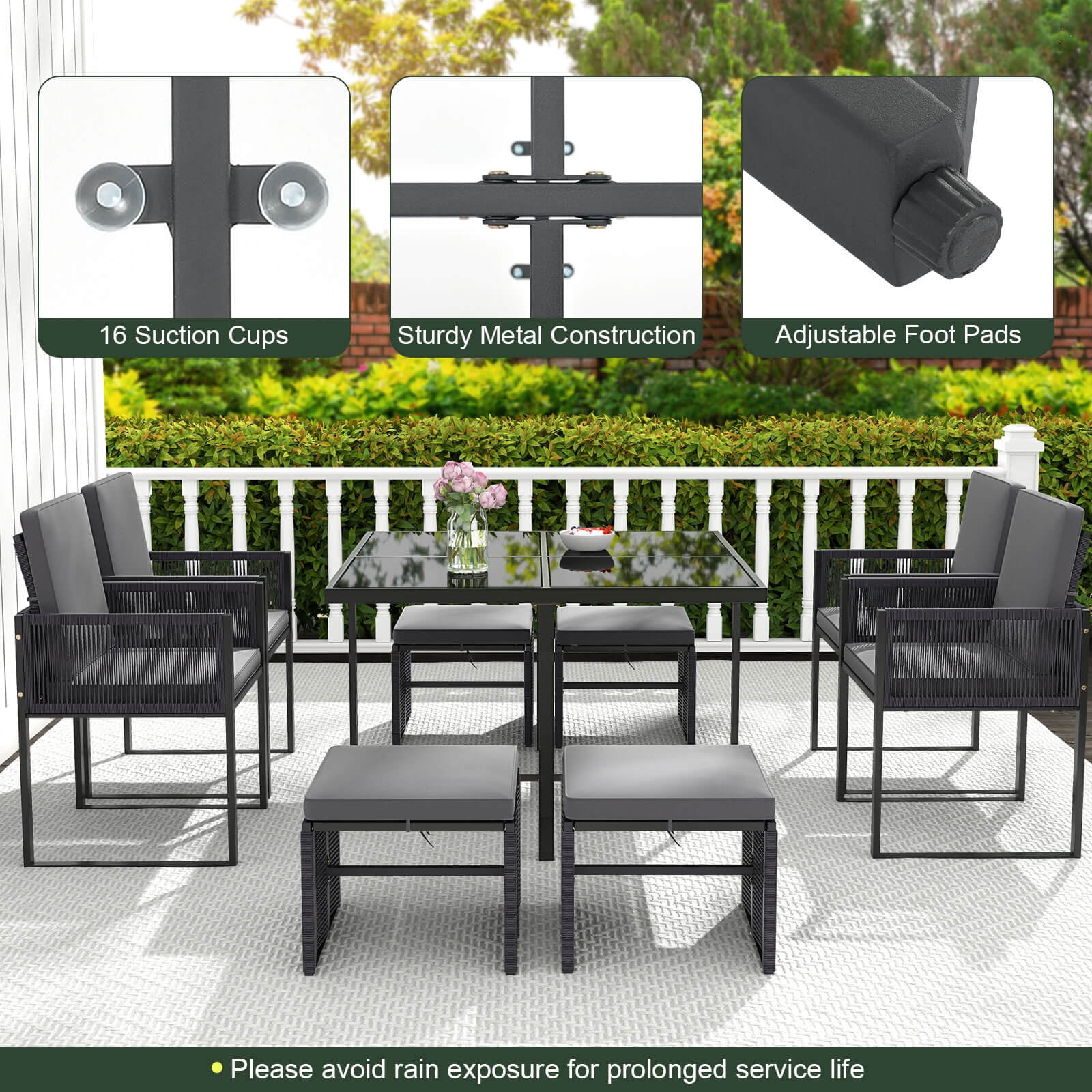 Costway 9 PCS Patio Dining Set with PE Rattan Chairs Tempered Glass Table and Ottomans - Image 7