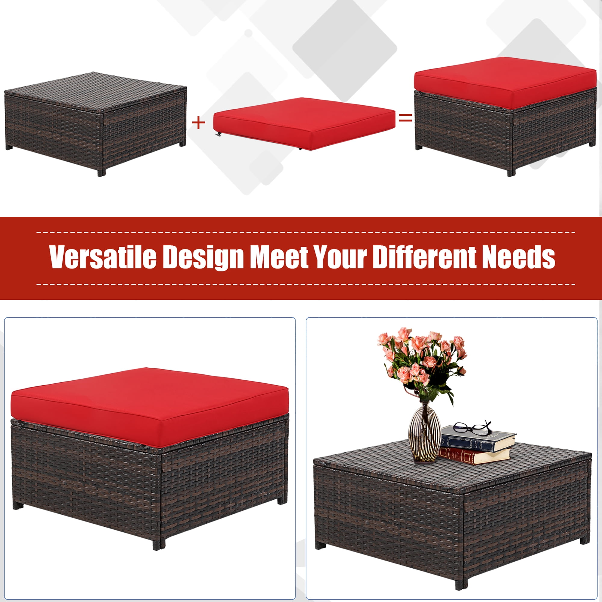 Costway 5PCS Patio Rattan Furniture Set Loveseat Sofa Ottoman Cushioned Red - Image 4