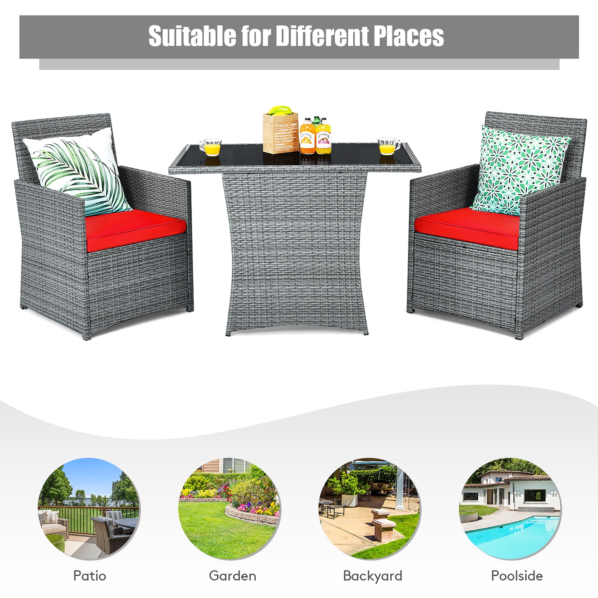 Costway 3PCS Patio Rattan Furniture Set Cushioned Sofa Armrest Garden Red - Image 2