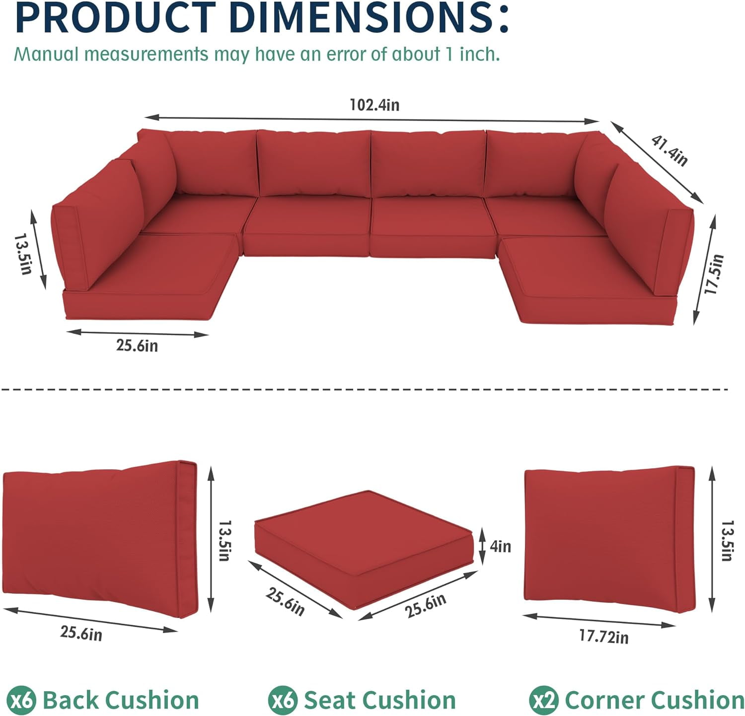 MRUAKA Outdoor Cushions for Patio Furniture Replacement, Patio Furniture Cushions, Deep Seat Patio Cushions, Patio Seat Cushions for Outdoor Sectional (Red) - Image 2