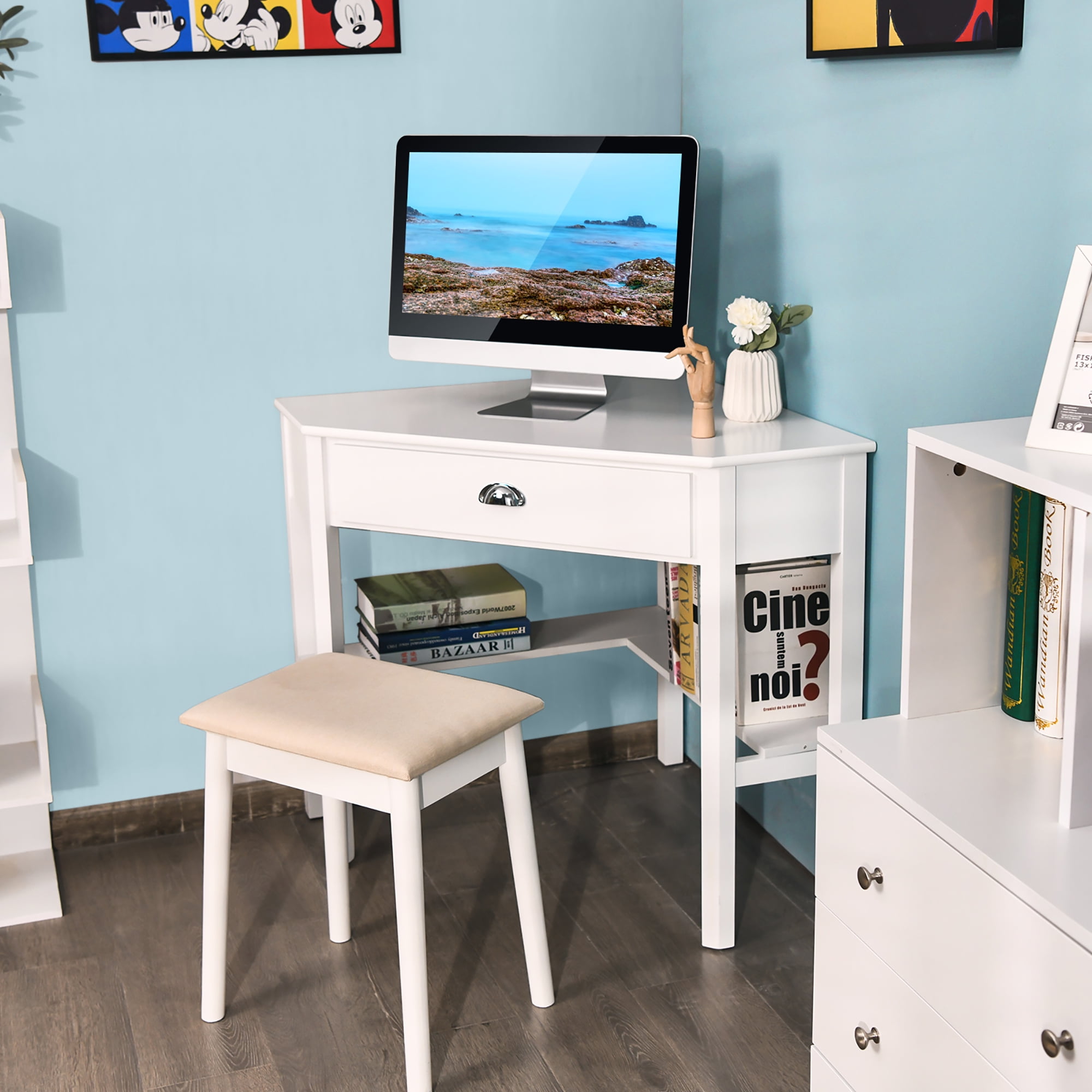 Costway Triangle Computer Desk Corner Office Desk Laptop Table w/ Drawer Shelves Rustic White - Image 10