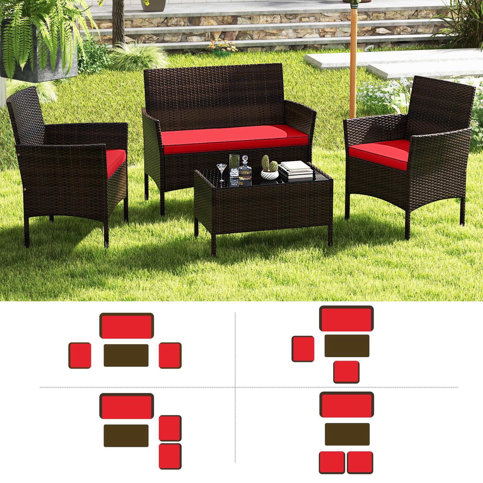 Costway 4PCS Rattan Patio Furniture Set Cushioned Sofa Chair Coffee Table Red - Image 8