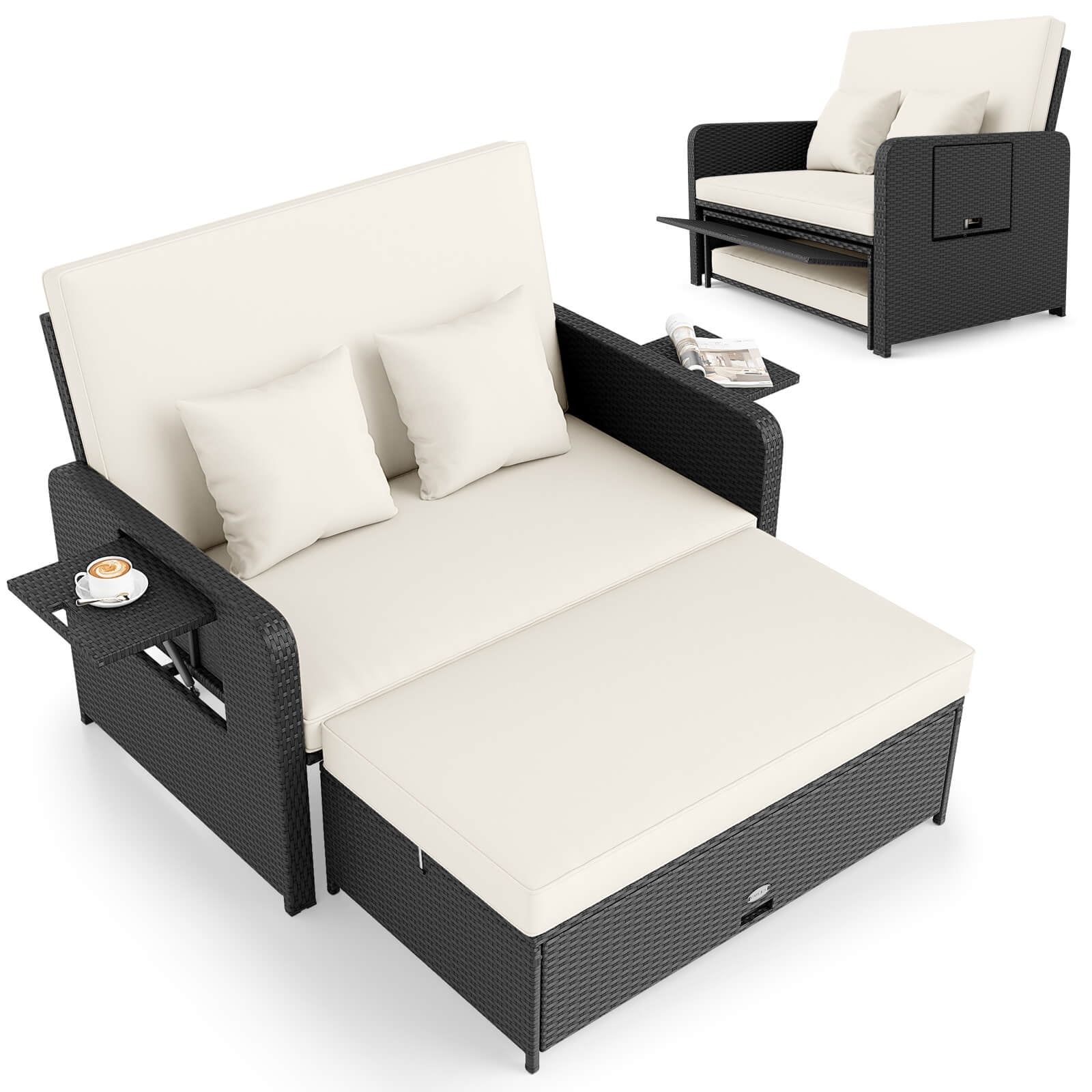 Costway 2 PCS PE Wicker Outdoor Daybed with 4-Level Adjustable Backrest, Storage Ottoman White + Black - Image 8