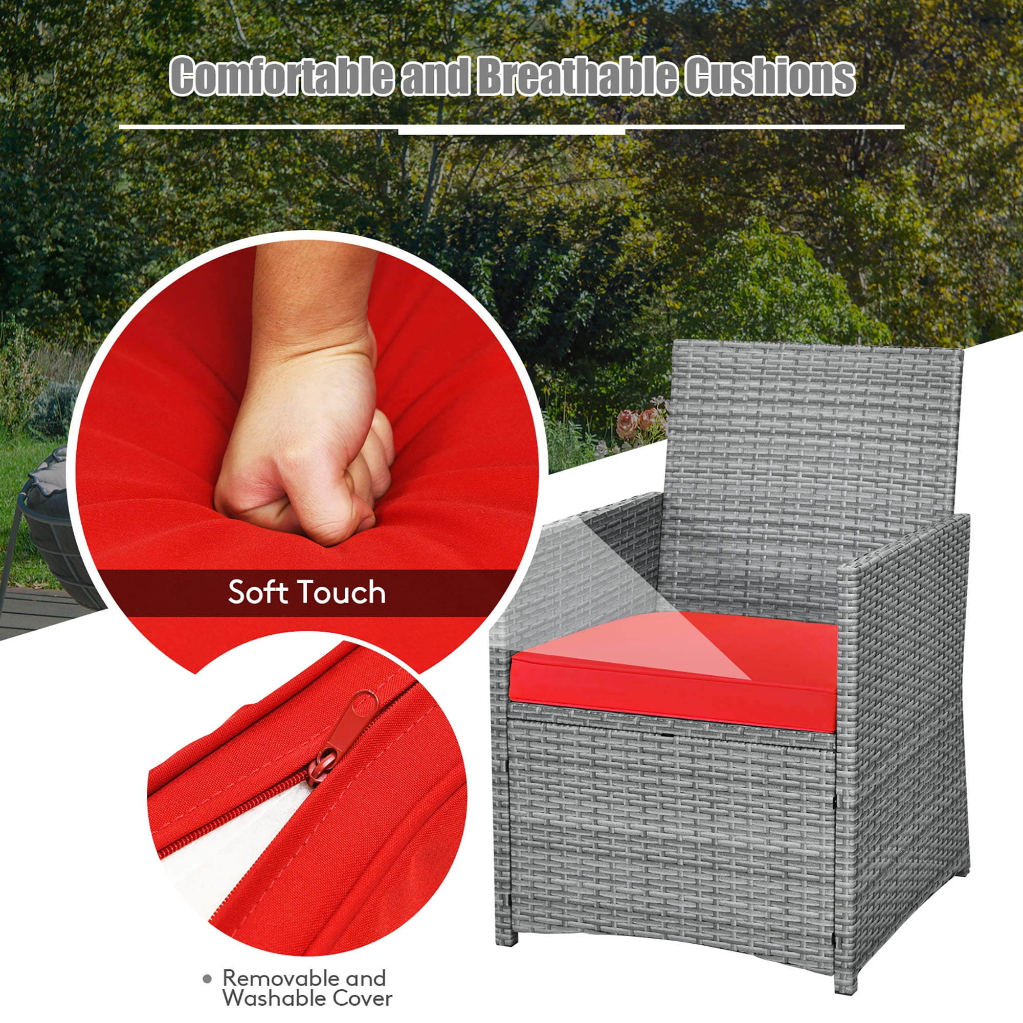 Costway 3PCS Patio Rattan Furniture Set Cushioned Sofa Armrest Garden Red - Image 4