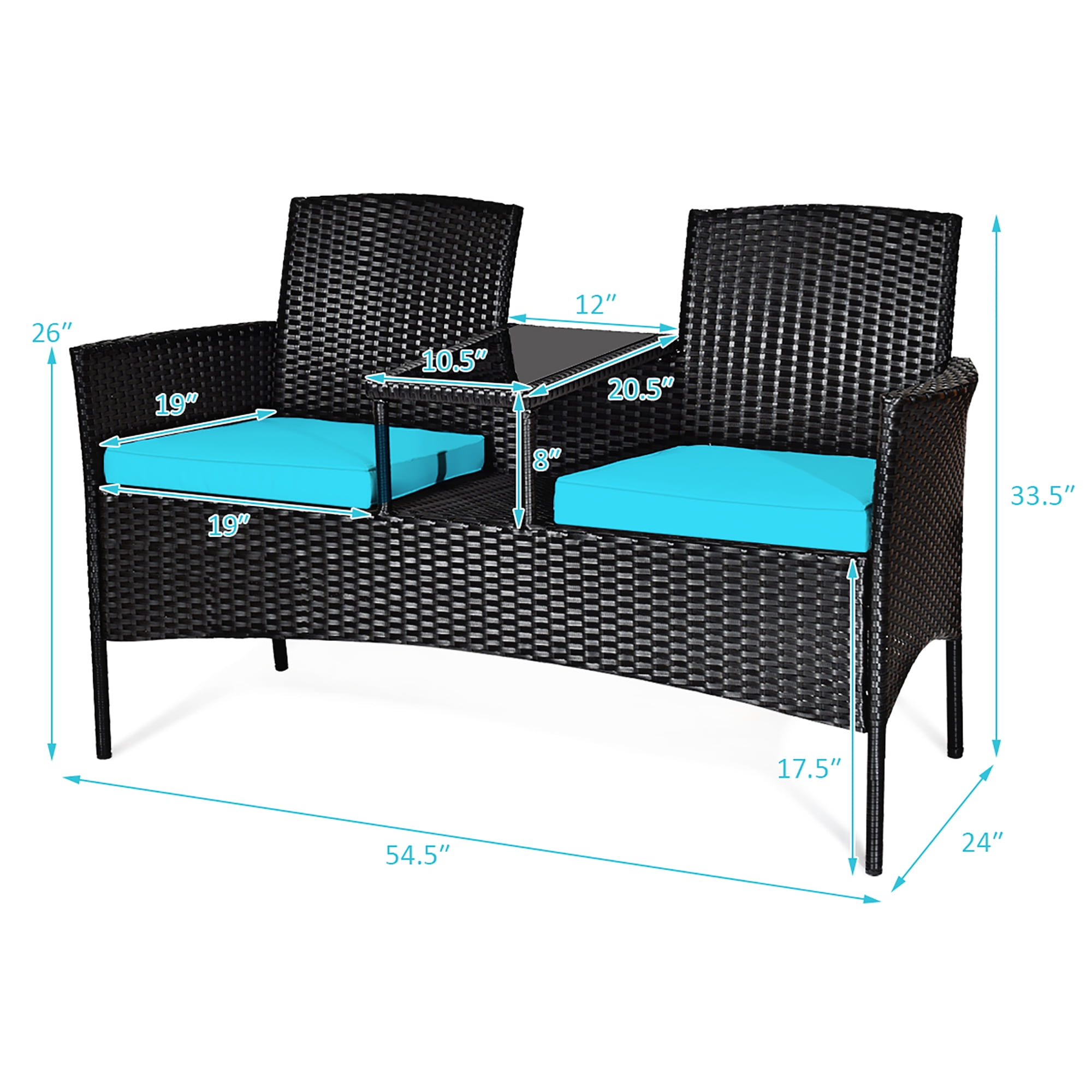 Costway Patio Rattan Conversation Set Seat Sofa Cushioned Loveseat Chairs Turquoise - Image 6