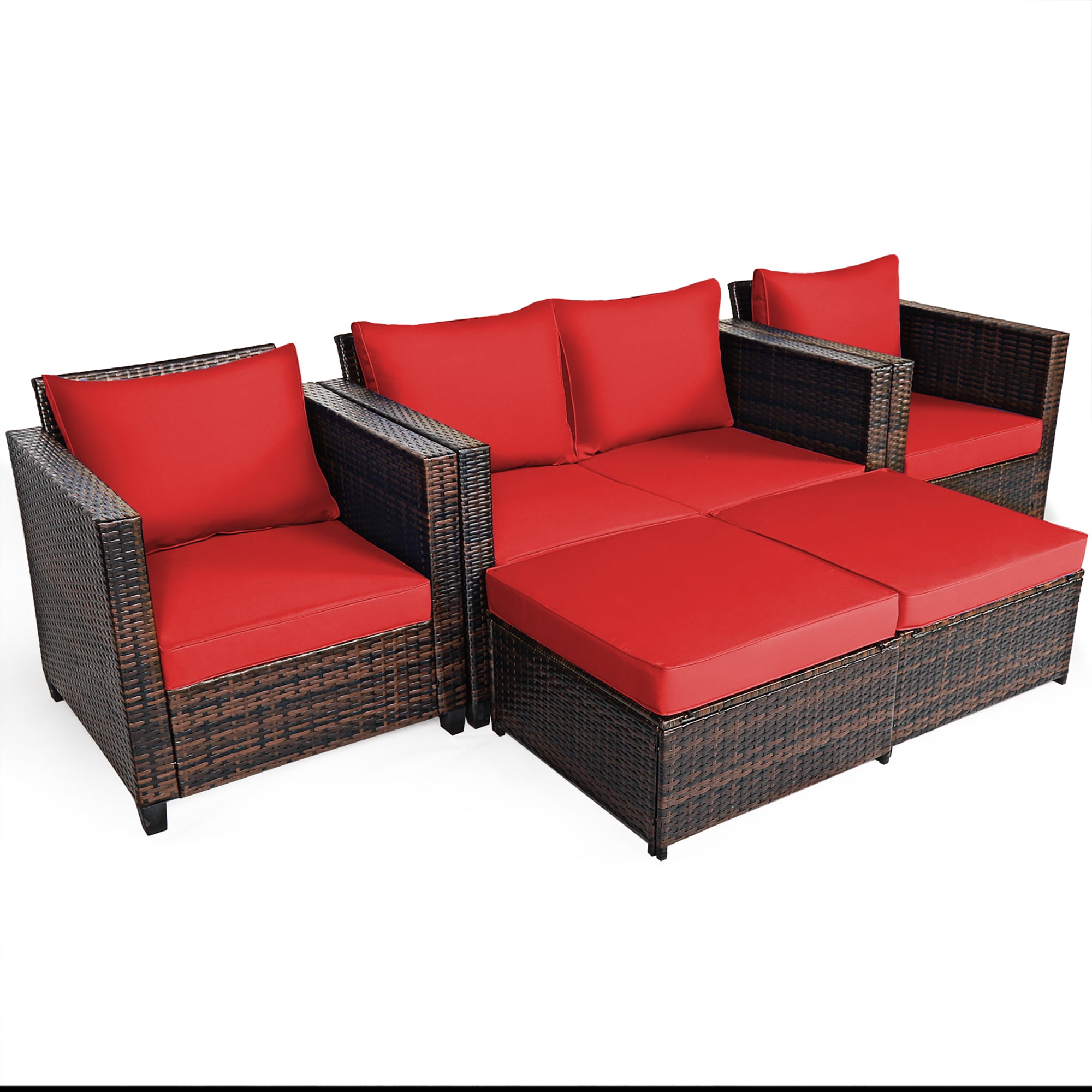 Costway 5PCS Patio Rattan Furniture Set Loveseat Sofa Ottoman Cushioned Red - Image 3