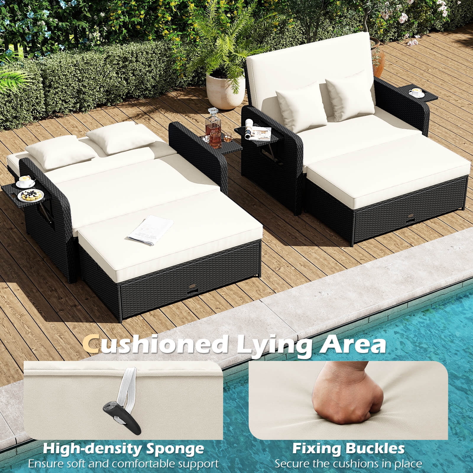 Costway 2 PCS PE Wicker Outdoor Daybed with 4-Level Adjustable Backrest, Storage Ottoman White + Black - Image 3