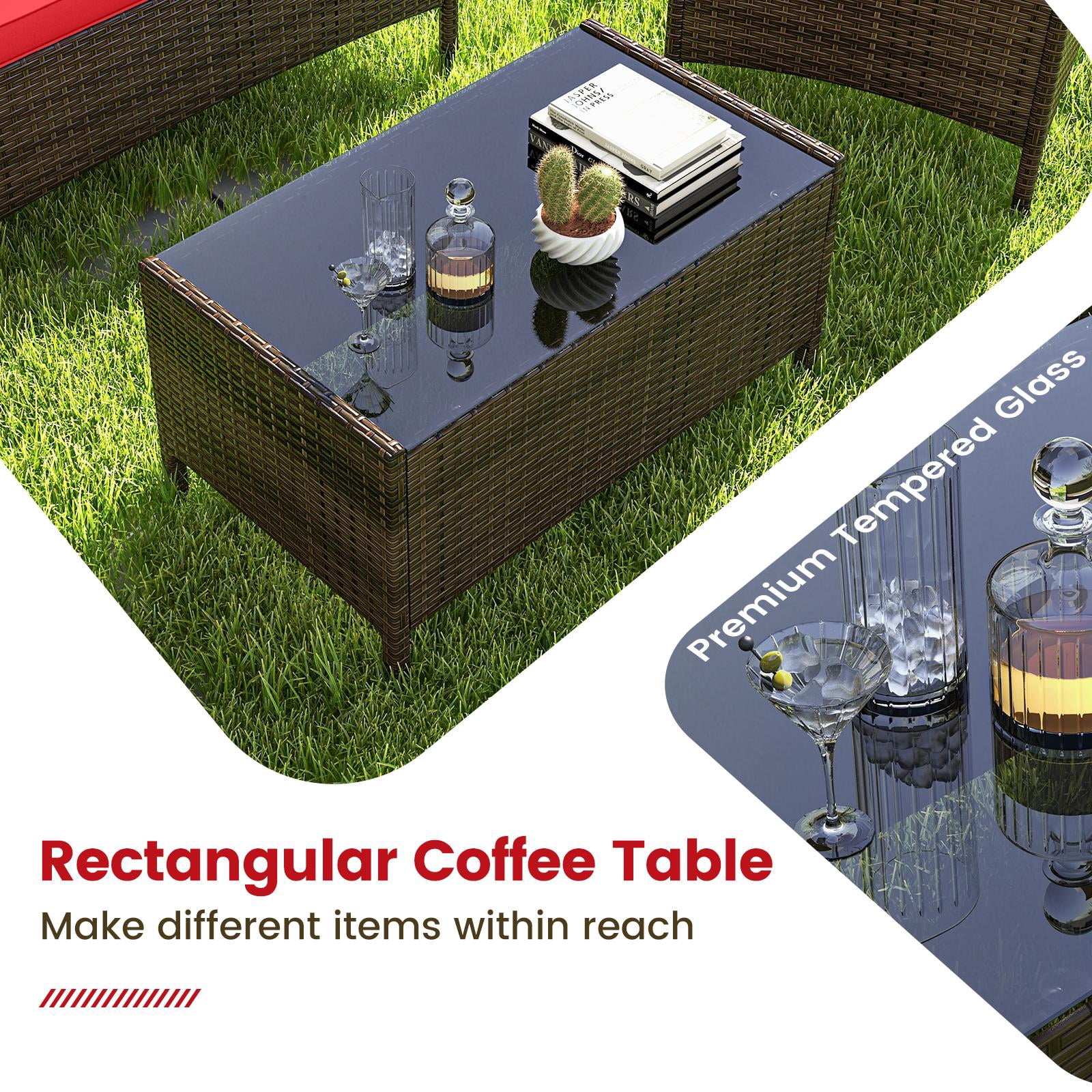 Costway 4PCS Rattan Patio Furniture Set Cushioned Sofa Chair Coffee Table Red - Image 3