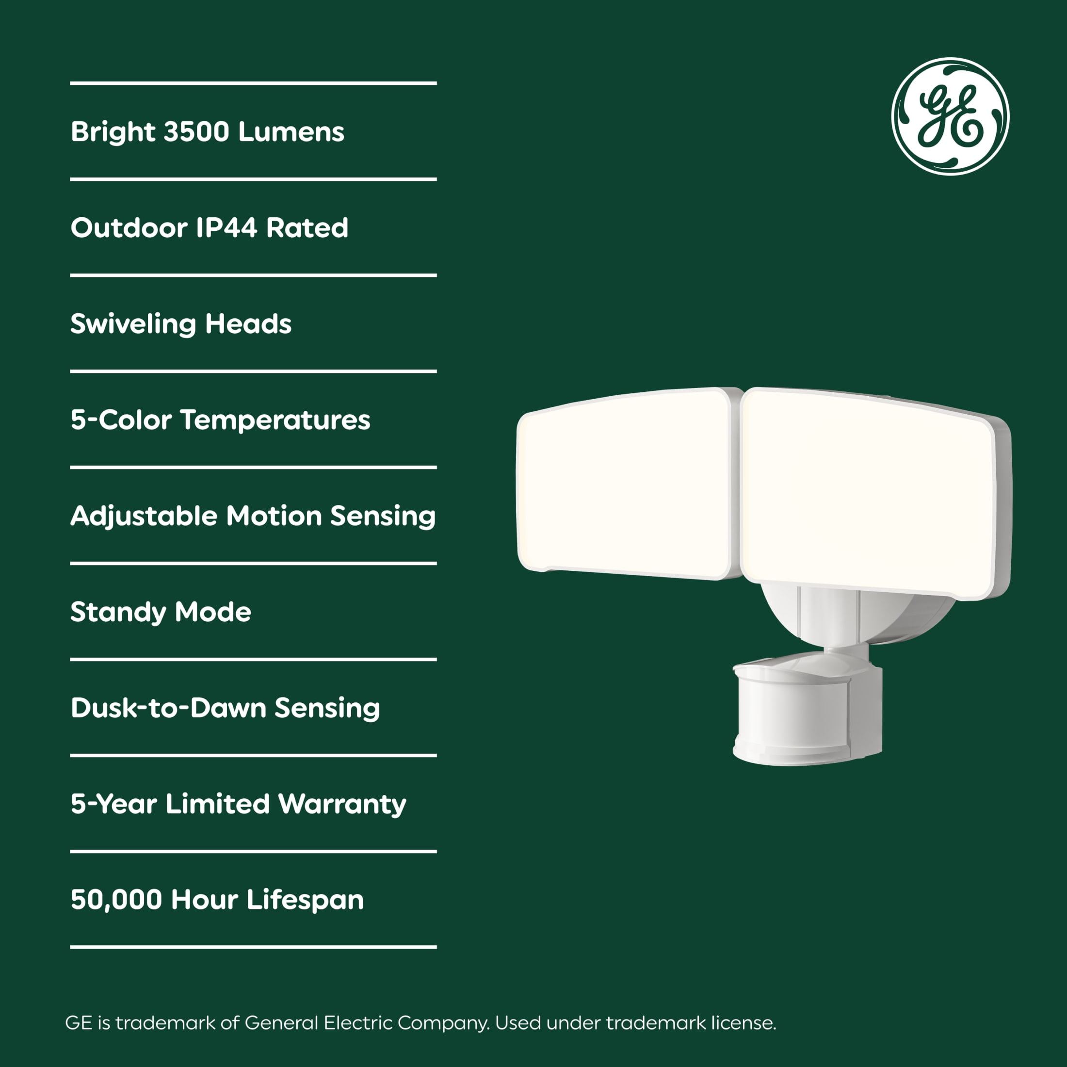 GE Outdoor Security LED Floodlights, Adjustable 2-Head Light with Motion & Dusk to Dawn Sensor, Hardwired, 3500 Lumens - Image 5