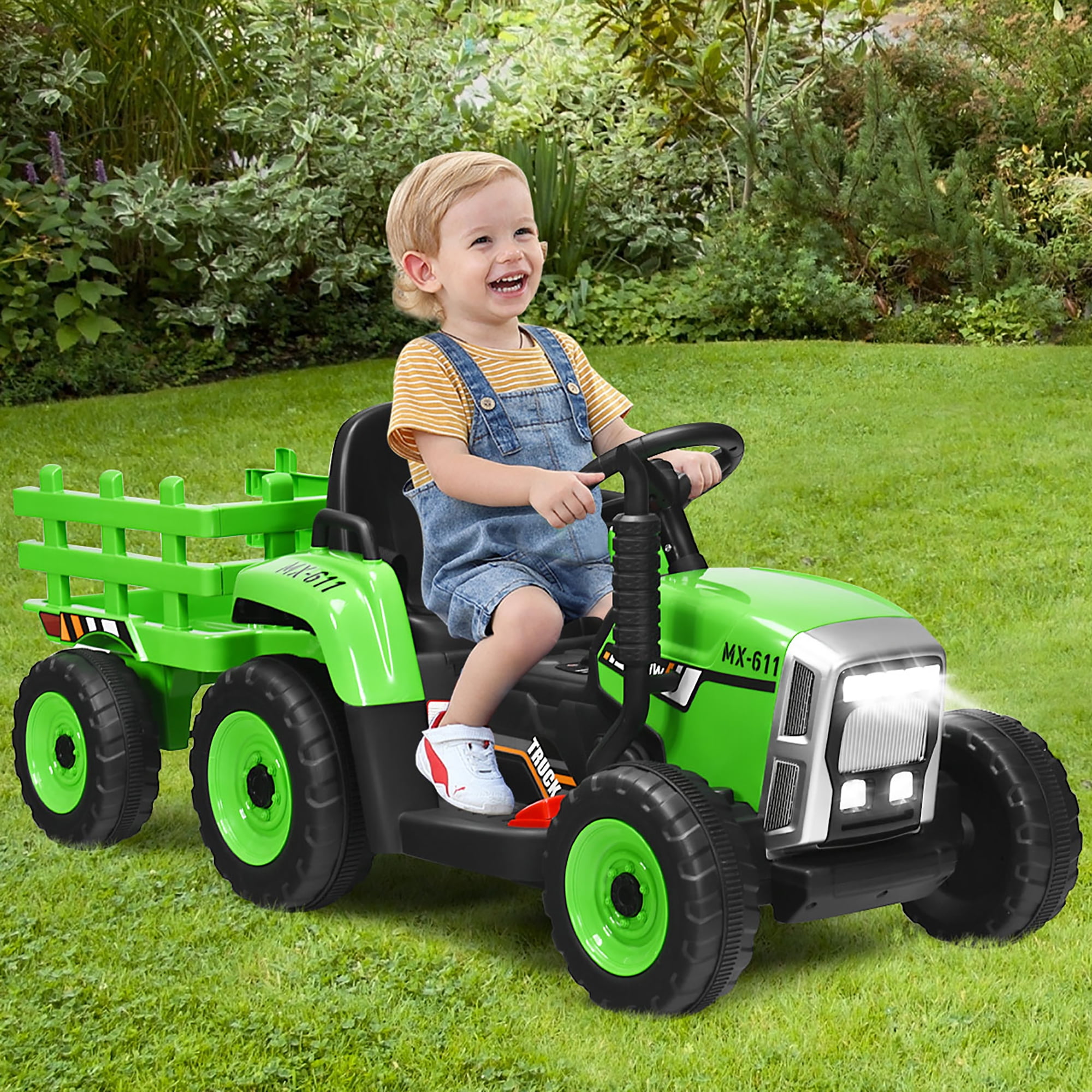 Costway 12V Kids Ride On Tractor with Trailer Ground Loader w/Remote Control &LED Lights Green - Image 4