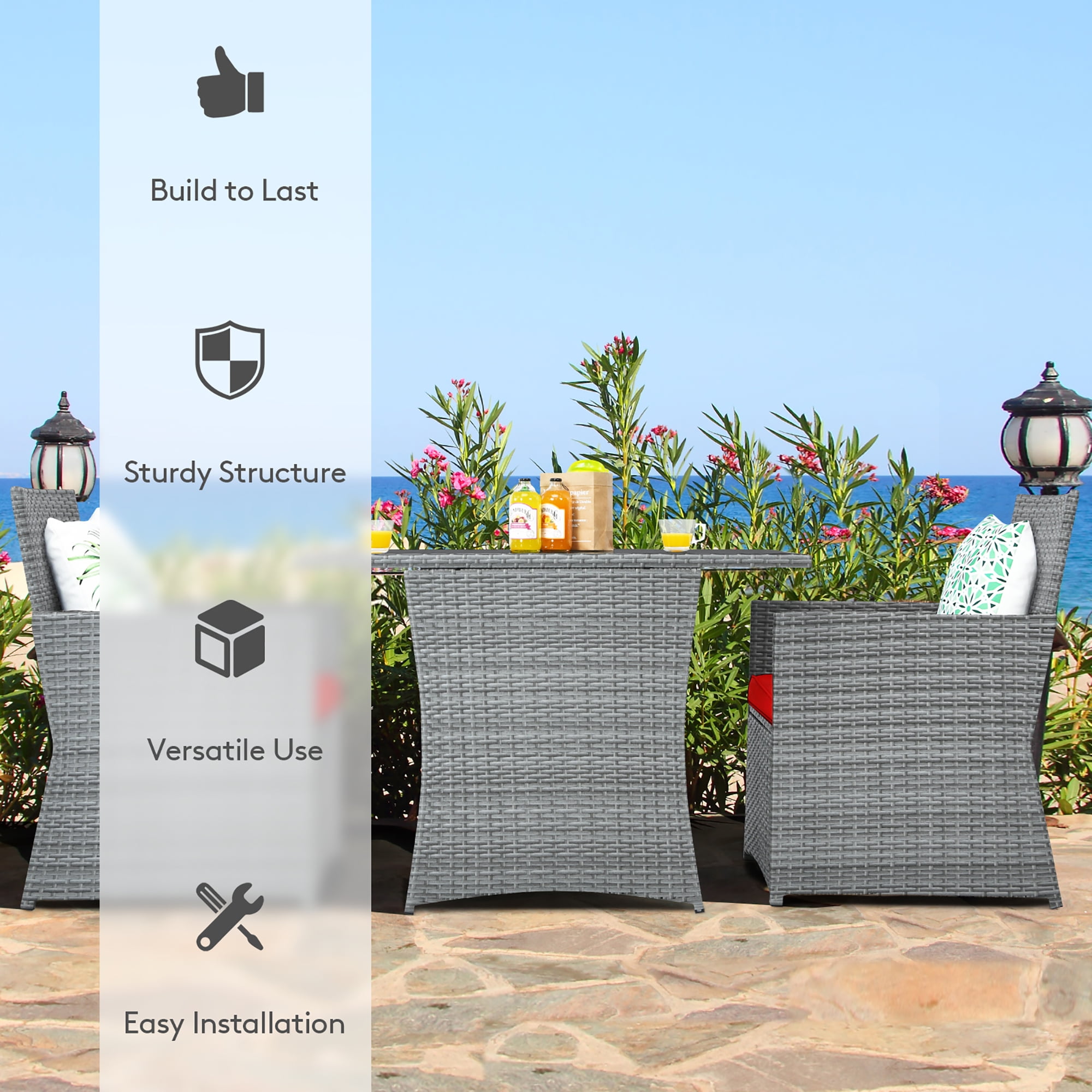 Costway 3PCS Patio Rattan Furniture Set Cushioned Sofa Armrest Garden Red - Image 3