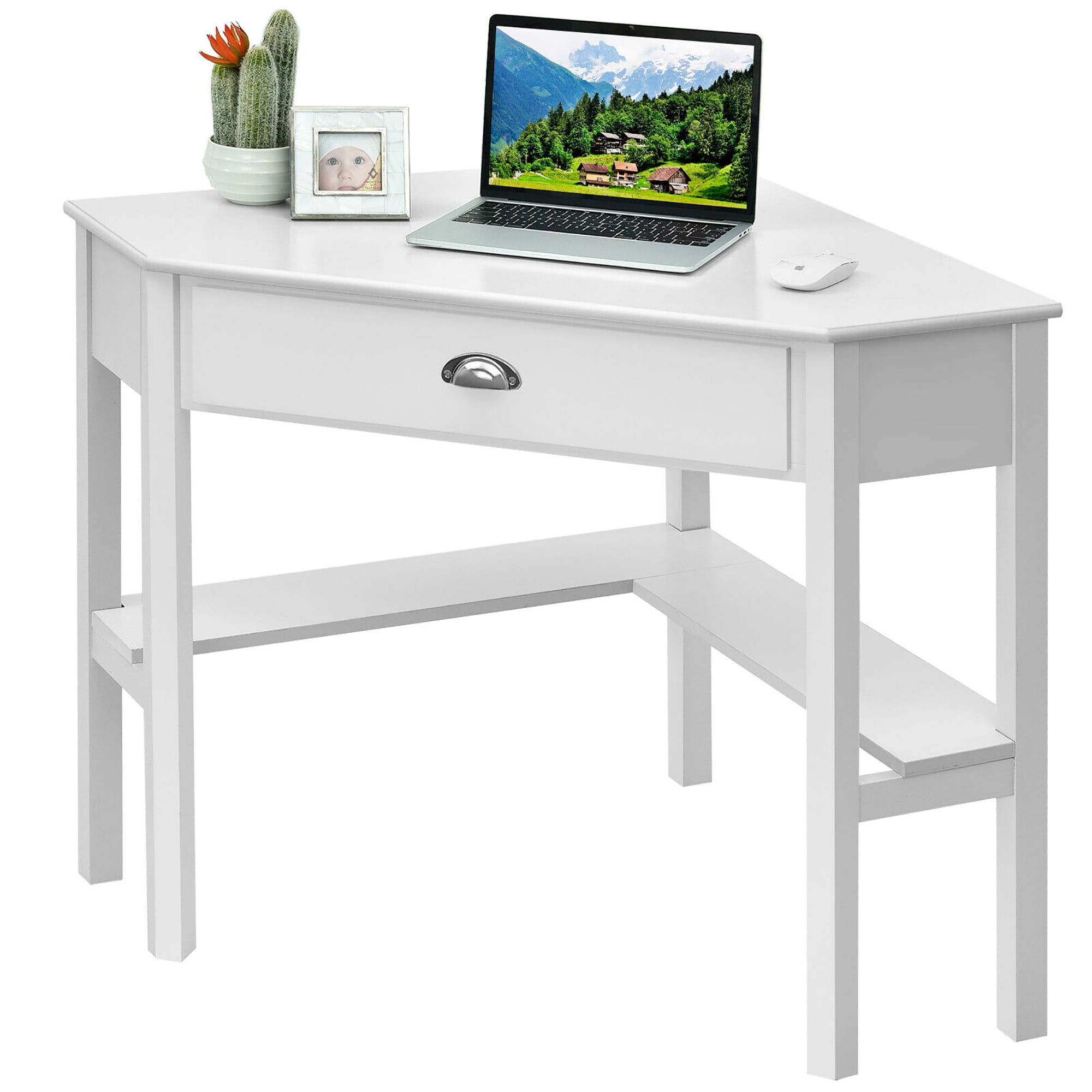 Costway Triangle Computer Desk Corner Office Desk Laptop Table w/ Drawer Shelves Rustic White - Image 4