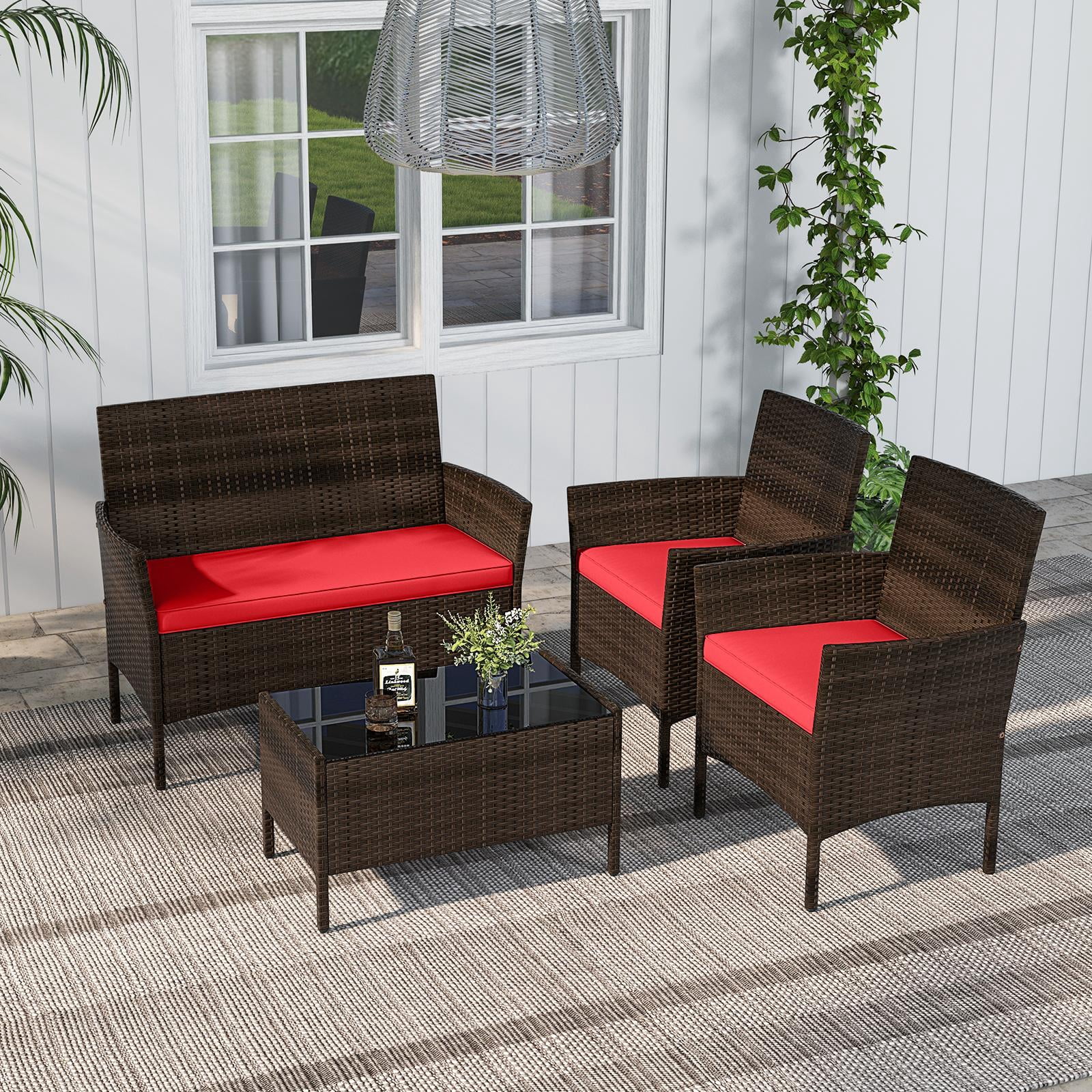 Costway 4PCS Rattan Patio Furniture Set Cushioned Sofa Chair Coffee Table Red - Image 4