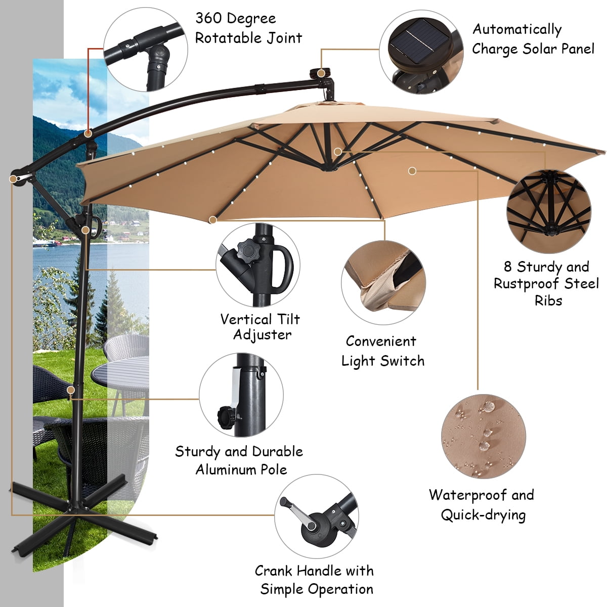Costway 10FT Patio Umbrella Solar Powered LED 360degrees Rotation Beige - Image 8